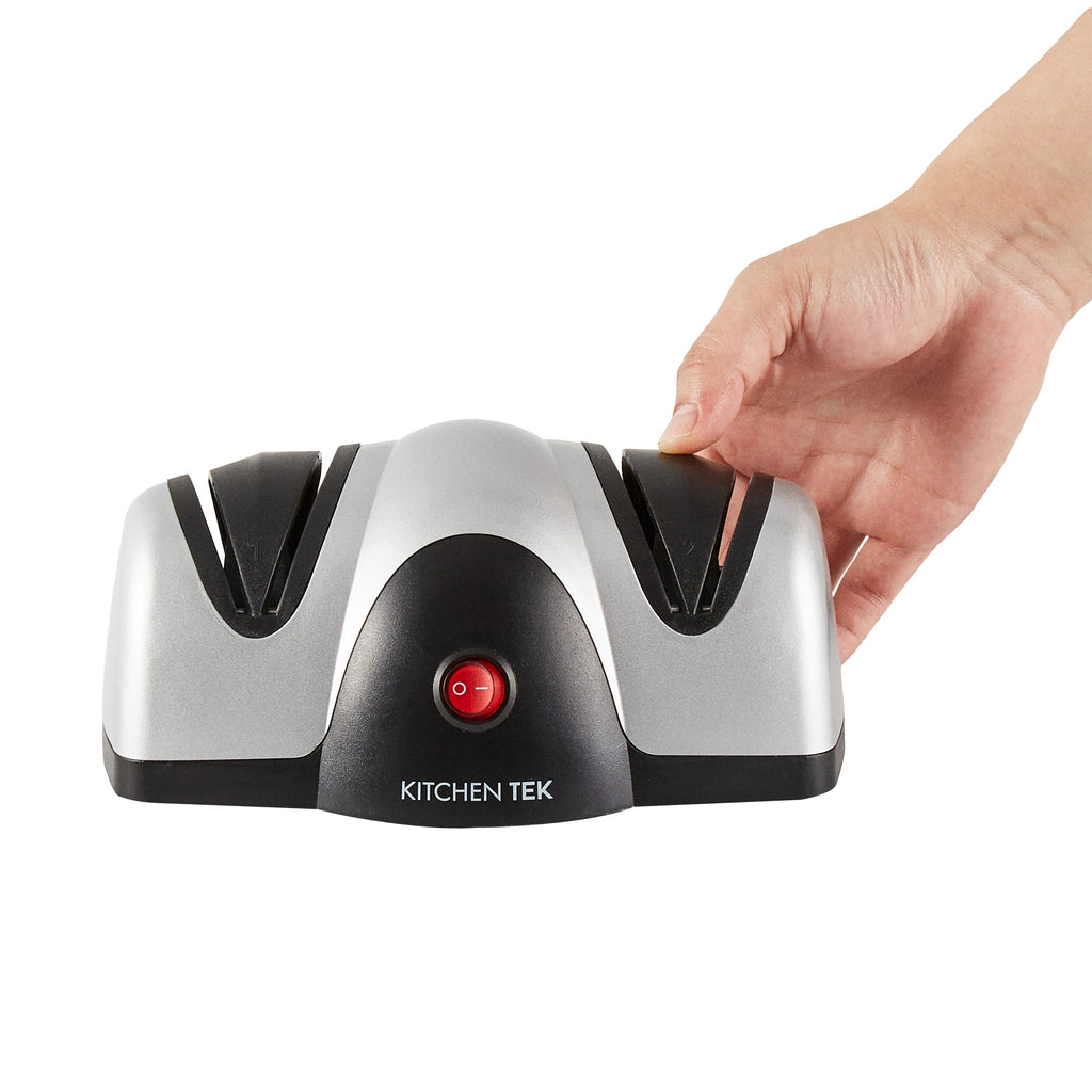 Kitchen Tek Silver Plastic 2 Stage Electric Knife Sharpener - for Straight Edge Knives, 120V - 7 1/2'' x 5 3/4'' x 3 3/4'' - 1 count box