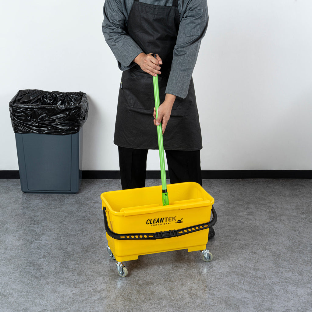 Clean Tek Professional 25 Qt Yellow Bucket - with Wheels, U-Shaped Sieve - 22" x 11 1/2" x 13 1/2" - 1 count box