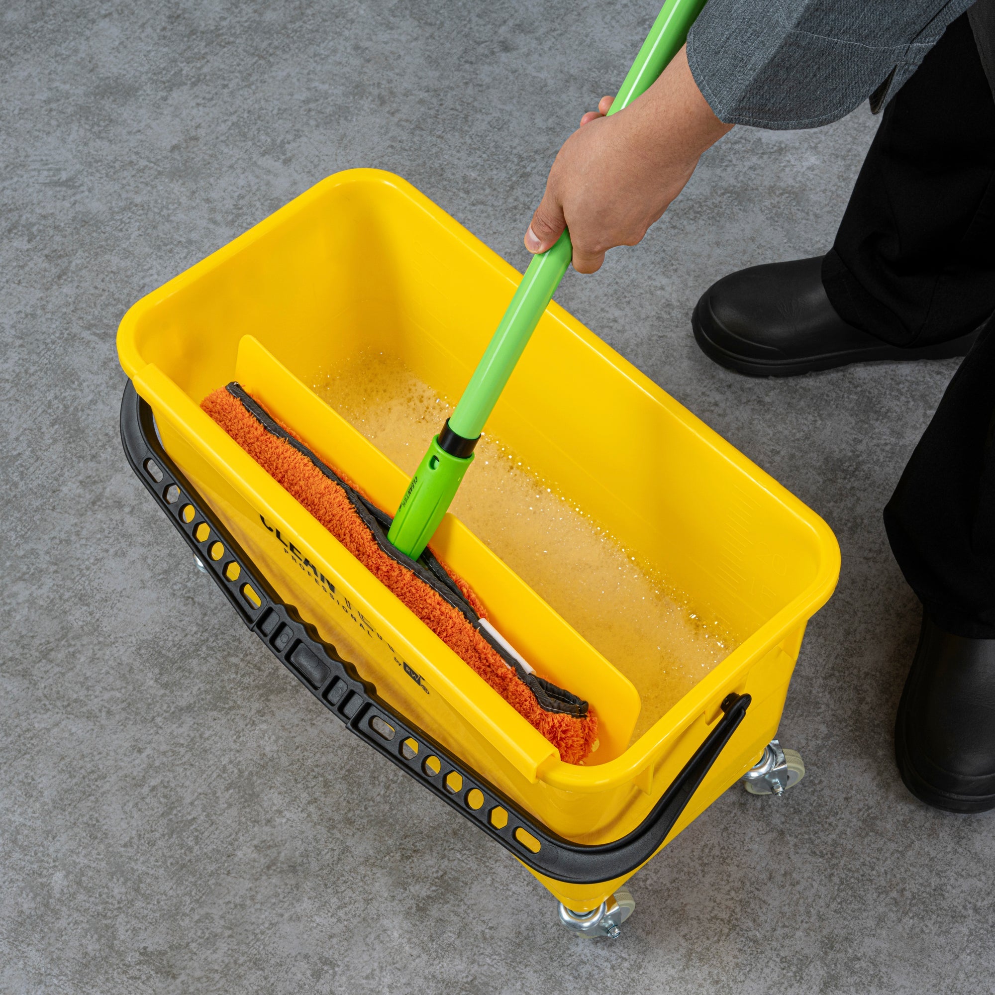 Clean Tek Professional 25 Qt Yellow Bucket - with Wheels, U-Shaped Sieve - 22" x 11 1/2" x 13 1/2" - 1 count box