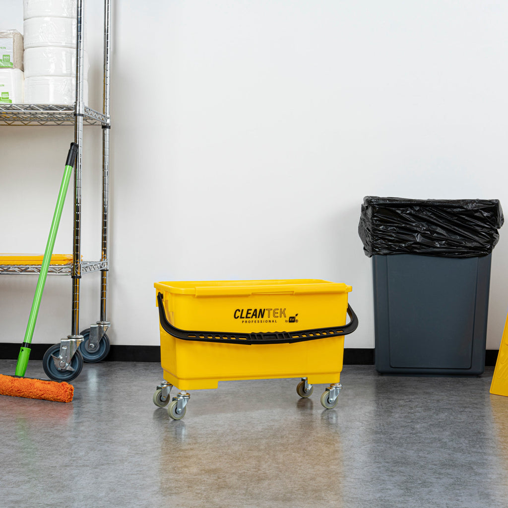 Clean Tek Professional 25 Qt Yellow Bucket - with Wheels, U-Shaped Sieve - 22" x 11 1/2" x 13 1/2" - 1 count box