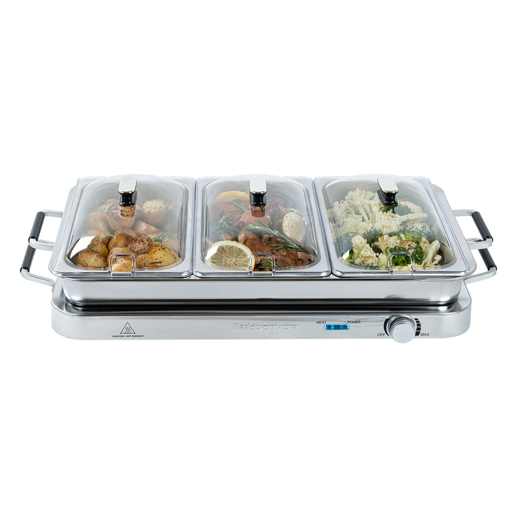Kitchen Tek Stainless Steel Buffet Server and Food Warmer - 120V, with (3) 2.5 Qt Buffet Pans and (1) 7.5 Qt Warming Tray - 1 count box