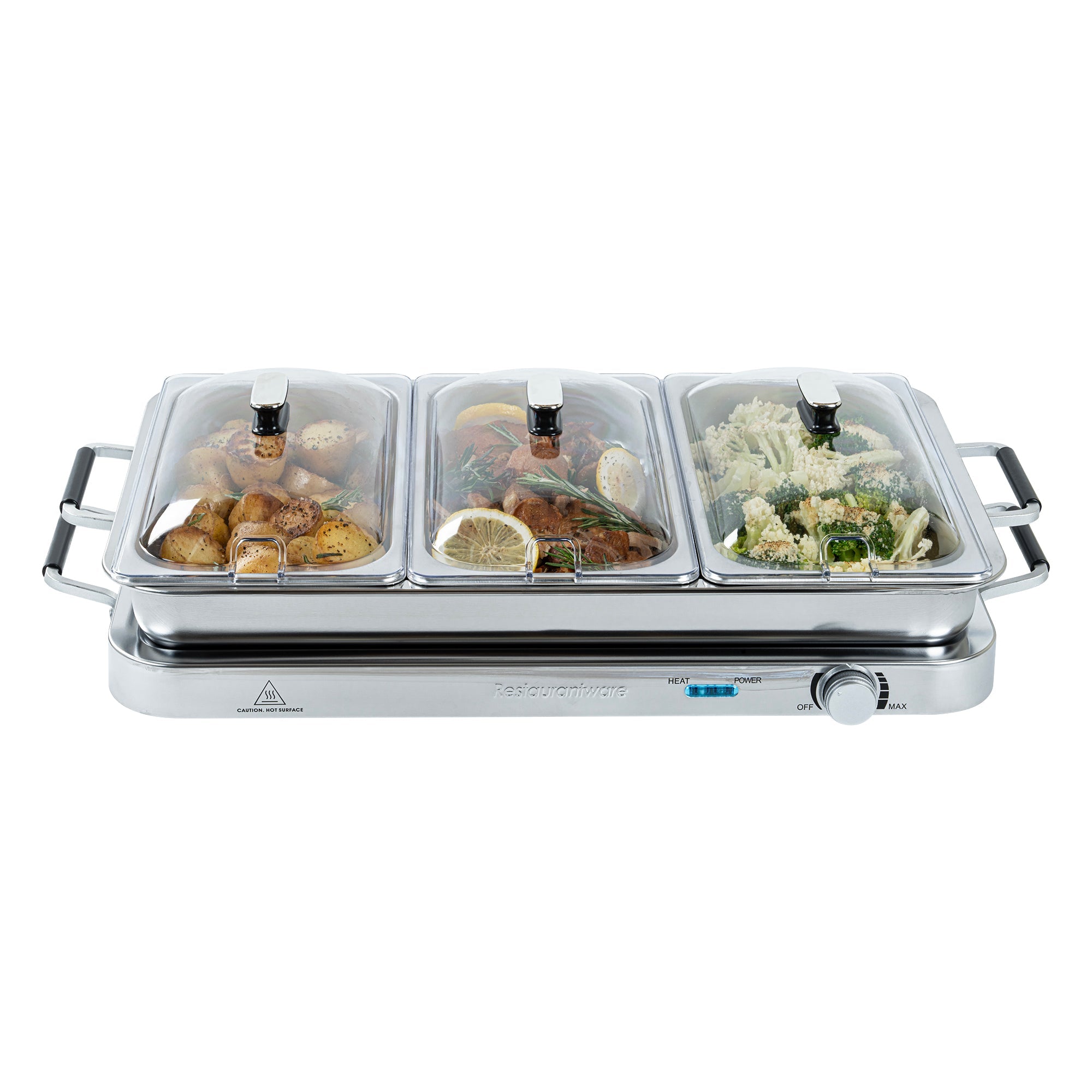 Kitchen Tek Stainless Steel Buffet Server and Food Warmer - 120V, with (3) 2.5 Qt Buffet Pans and (1) 7.5 Qt Warming Tray - 1 count box