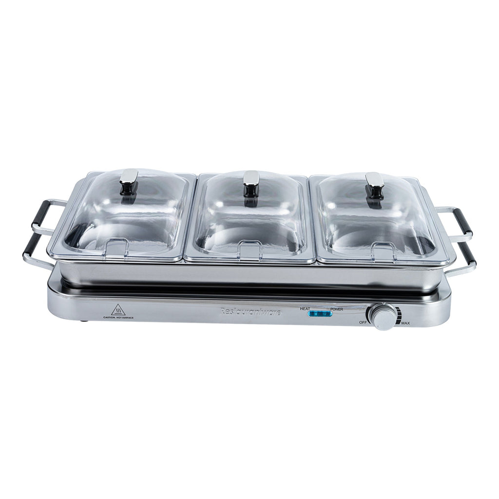 Kitchen Tek Stainless Steel Buffet Server and Food Warmer - 120V, with (3) 2.5 Qt Buffet Pans and (1) 7.5 Qt Warming Tray - 1 count box