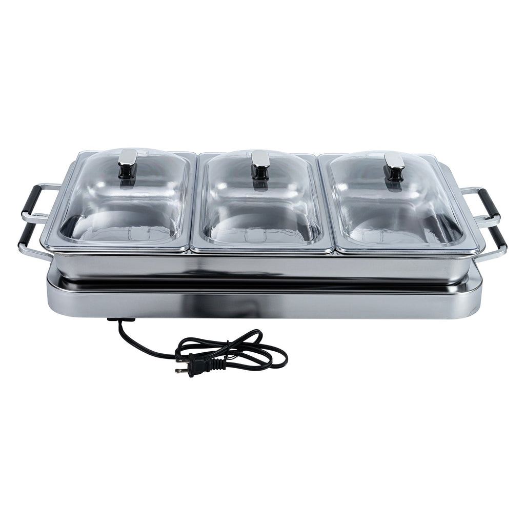 Kitchen Tek Stainless Steel Buffet Server and Food Warmer - 120V, with (3) 2.5 Qt Buffet Pans and (1) 7.5 Qt Warming Tray - 1 count box