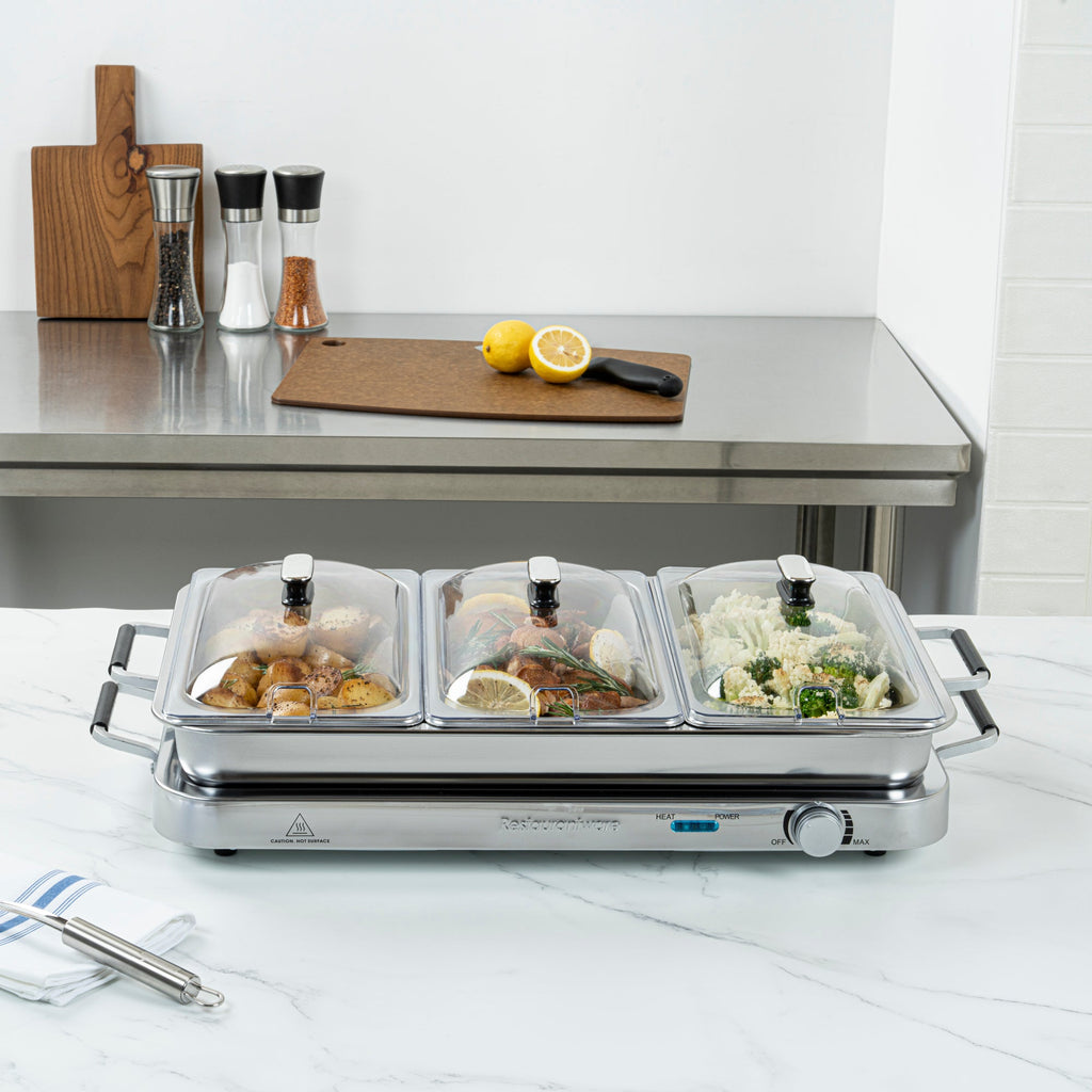 Kitchen Tek Stainless Steel Buffet Server and Food Warmer - 120V, with (3) 2.5 Qt Buffet Pans and (1) 7.5 Qt Warming Tray - 1 count box