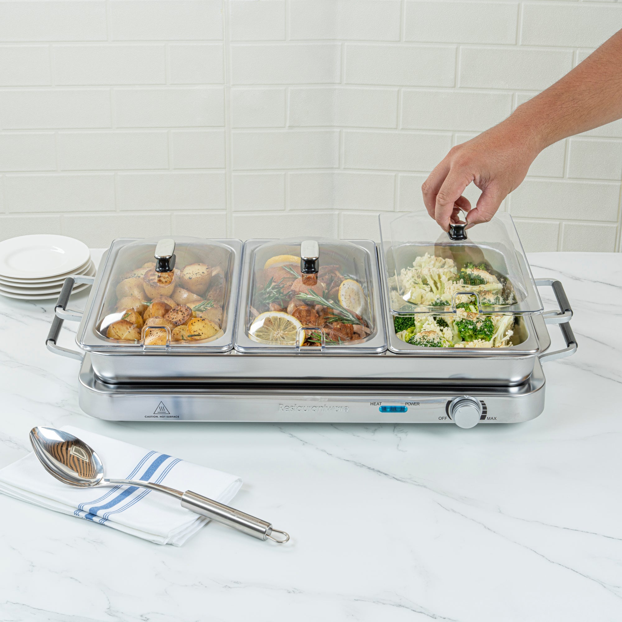 Kitchen Tek Stainless Steel Buffet Server and Food Warmer - 120V, with (3) 2.5 Qt Buffet Pans and (1) 7.5 Qt Warming Tray - 1 count box