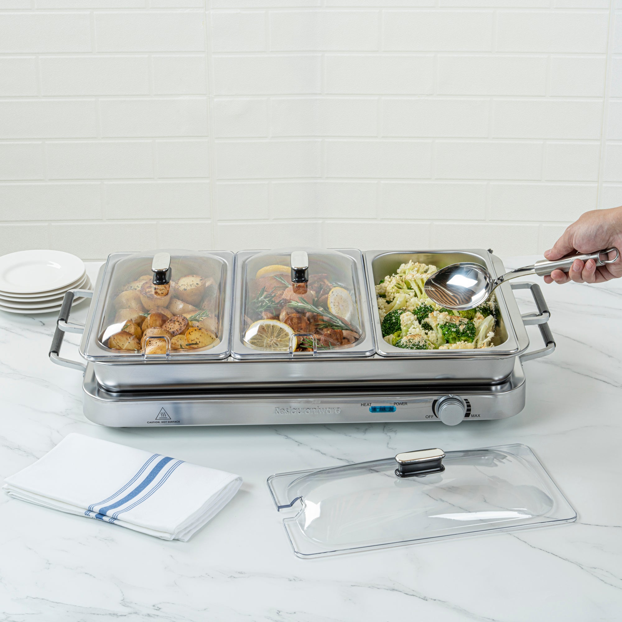 Kitchen Tek Stainless Steel Buffet Server and Food Warmer - 120V, with (3) 2.5 Qt Buffet Pans and (1) 7.5 Qt Warming Tray - 1 count box