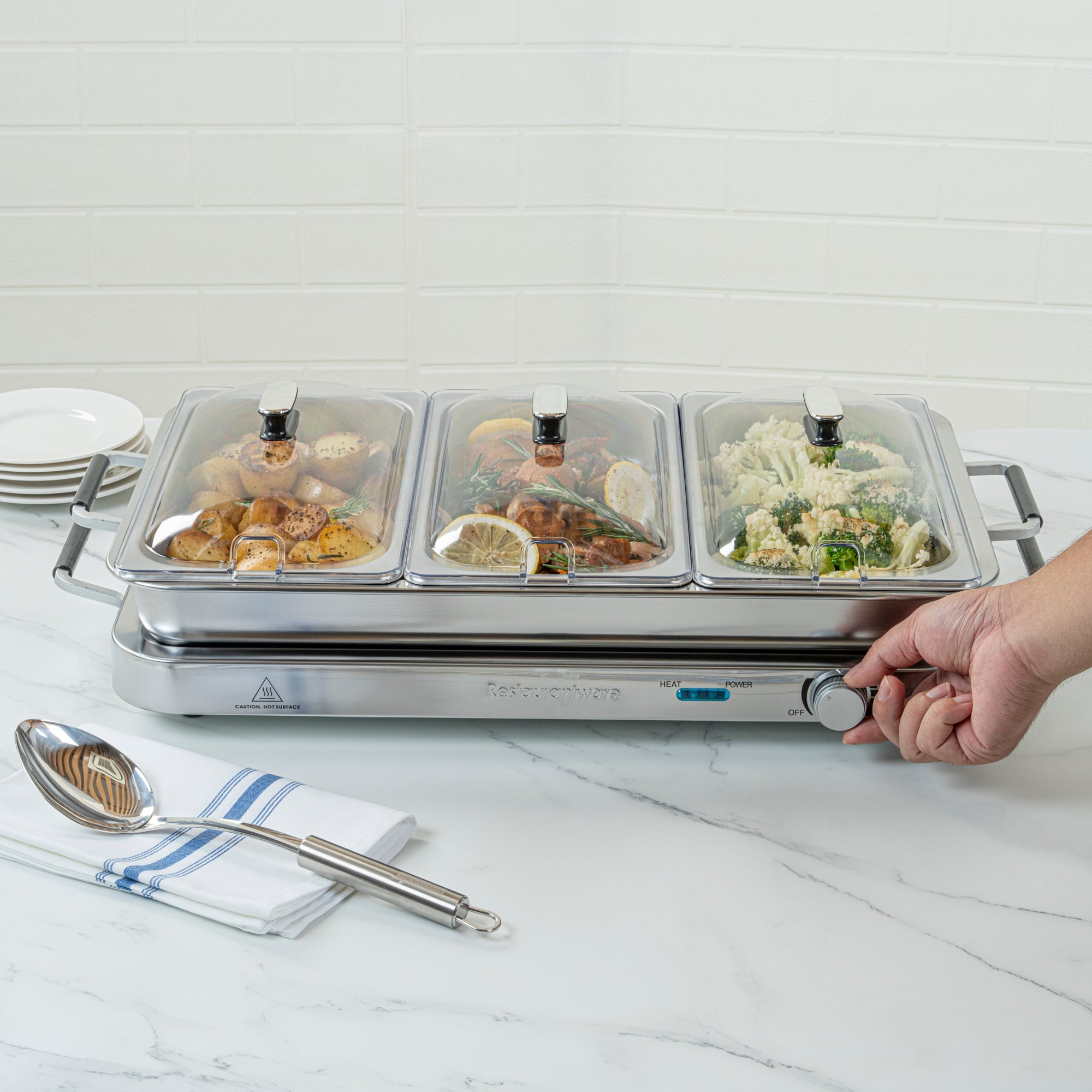 Kitchen Tek Stainless Steel Buffet Server and Food Warmer - 120V, with (3) 2.5 Qt Buffet Pans and (1) 7.5 Qt Warming Tray - 1 count box