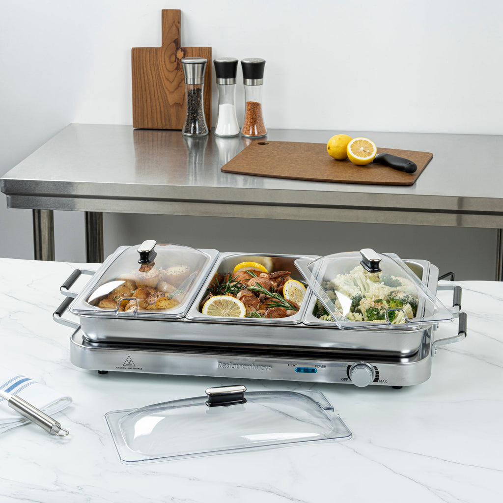 Kitchen Tek Stainless Steel Buffet Server and Food Warmer - 120V, with (3) 2.5 Qt Buffet Pans and (1) 7.5 Qt Warming Tray - 1 count box