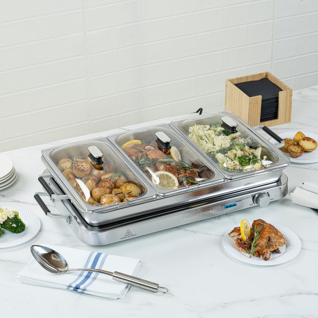 Kitchen Tek Stainless Steel Buffet Server and Food Warmer - 120V, with (3) 2.5 Qt Buffet Pans and (1) 7.5 Qt Warming Tray - 1 count box