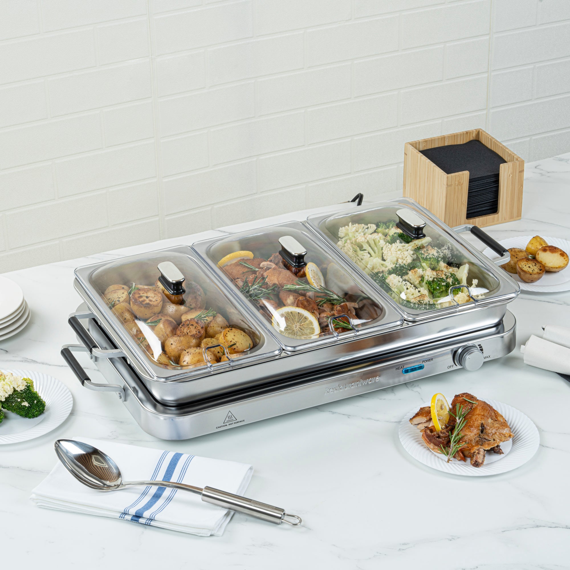 Kitchen Tek Stainless Steel Buffet Server and Food Warmer - 120V, with (3) 2.5 Qt Buffet Pans and (1) 7.5 Qt Warming Tray - 1 count box