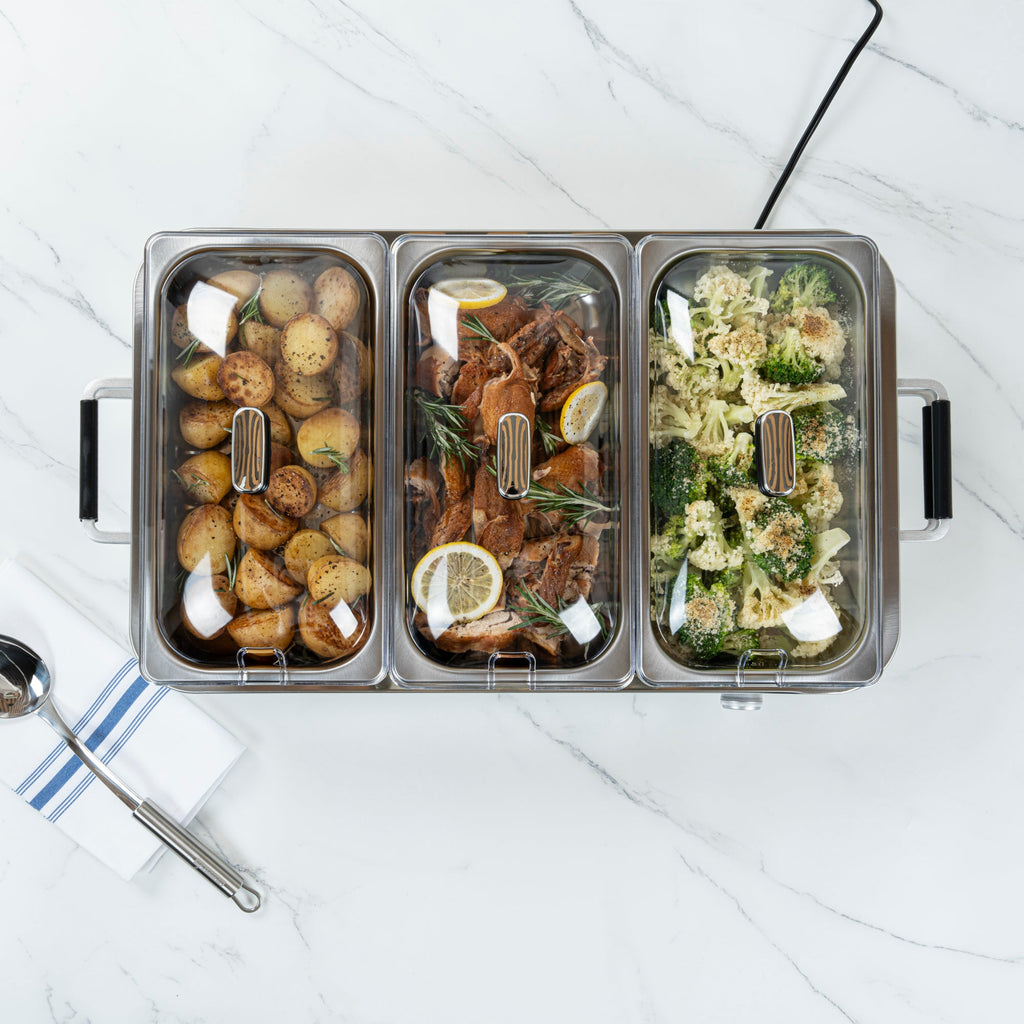 Kitchen Tek Stainless Steel Buffet Server and Food Warmer - 120V, with (3) 2.5 Qt Buffet Pans and (1) 7.5 Qt Warming Tray - 1 count box