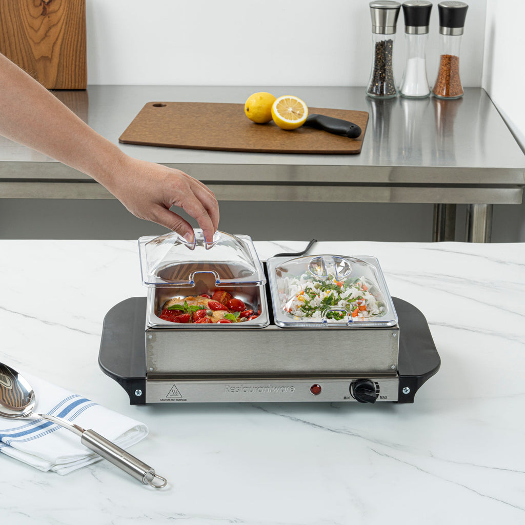 Kitchen Tek Stainless Steel Buffet Server and Food Warmer - 120V, with (2) 1.5 Qt Buffet Pans - 1 count box