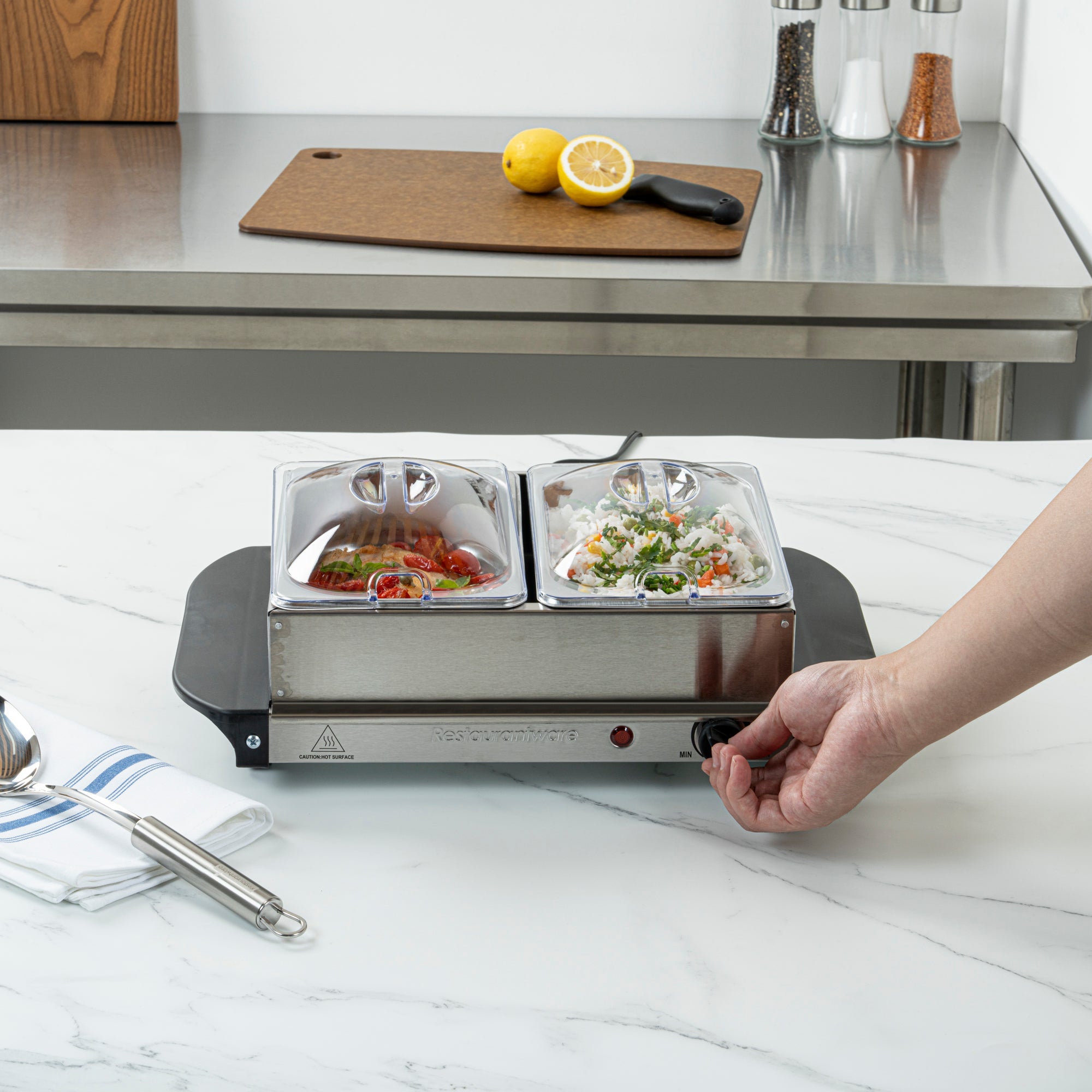 Kitchen Tek Stainless Steel Buffet Server and Food Warmer - 120V, with (2) 1.5 Qt Buffet Pans - 1 count box