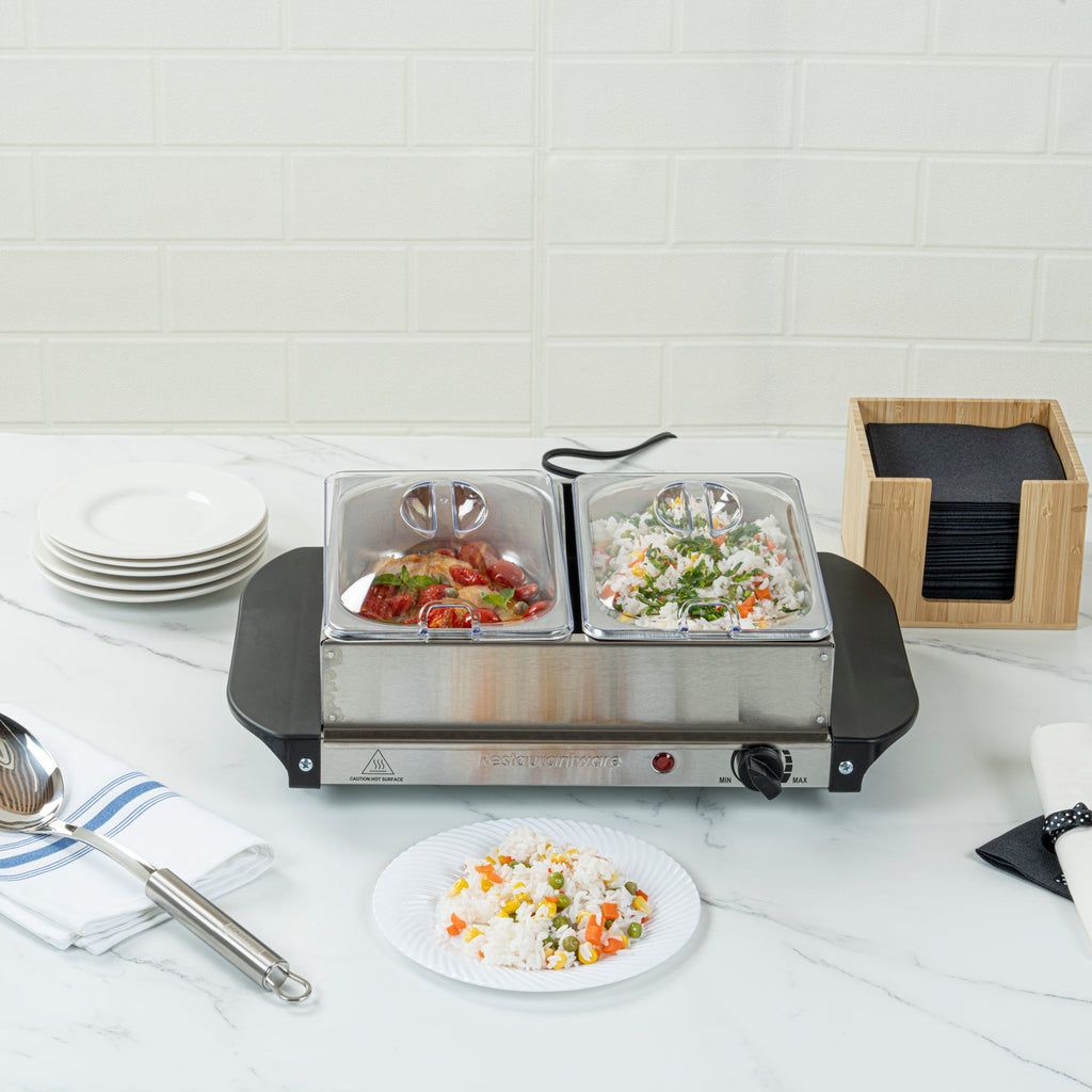 Kitchen Tek Stainless Steel Buffet Server and Food Warmer - 120V, with (2) 1.5 Qt Buffet Pans - 1 count box