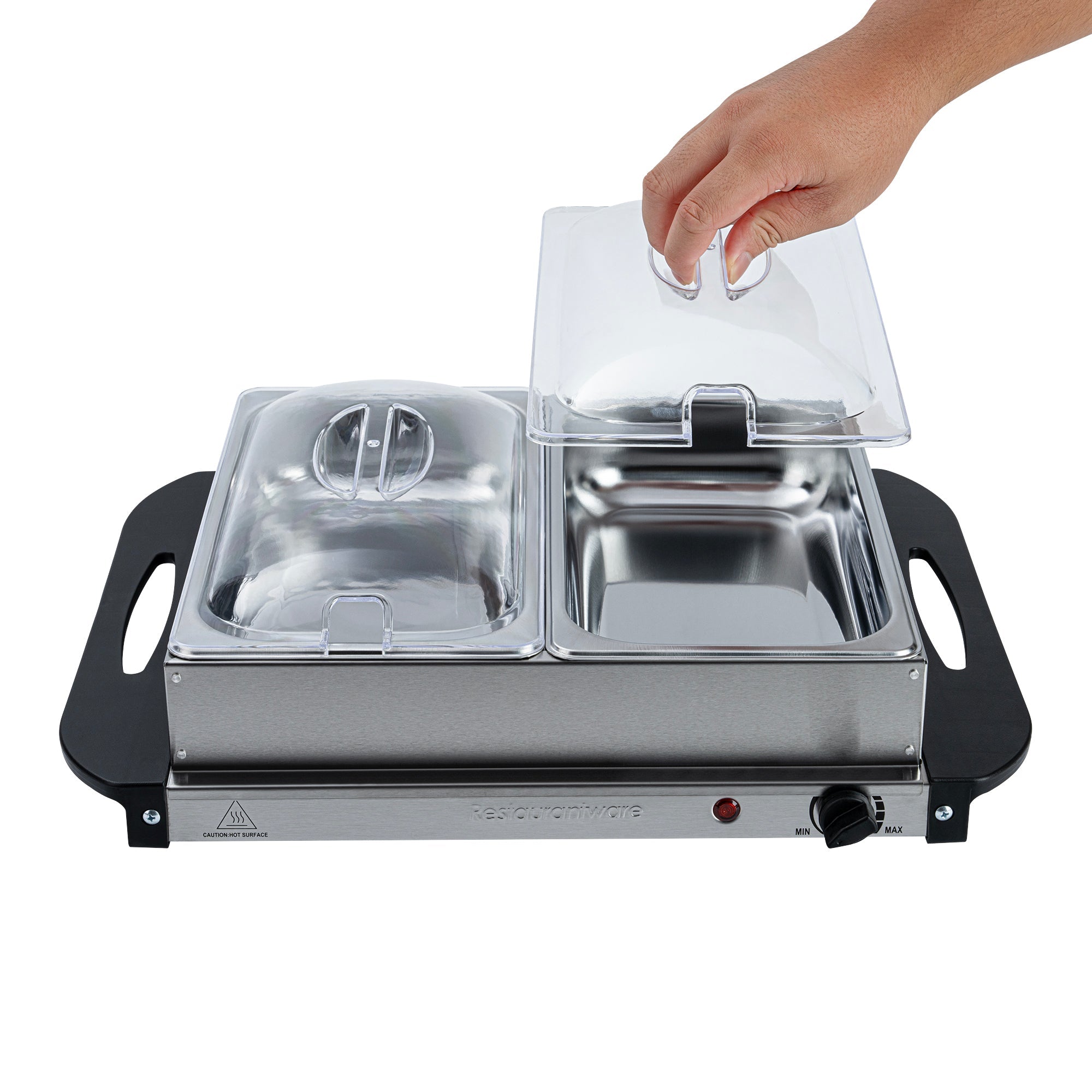 Kitchen Tek Stainless Steel Buffet Server and Food Warmer - 120V, with (2) 2.5 Qt Buffet Pans - 1 count box