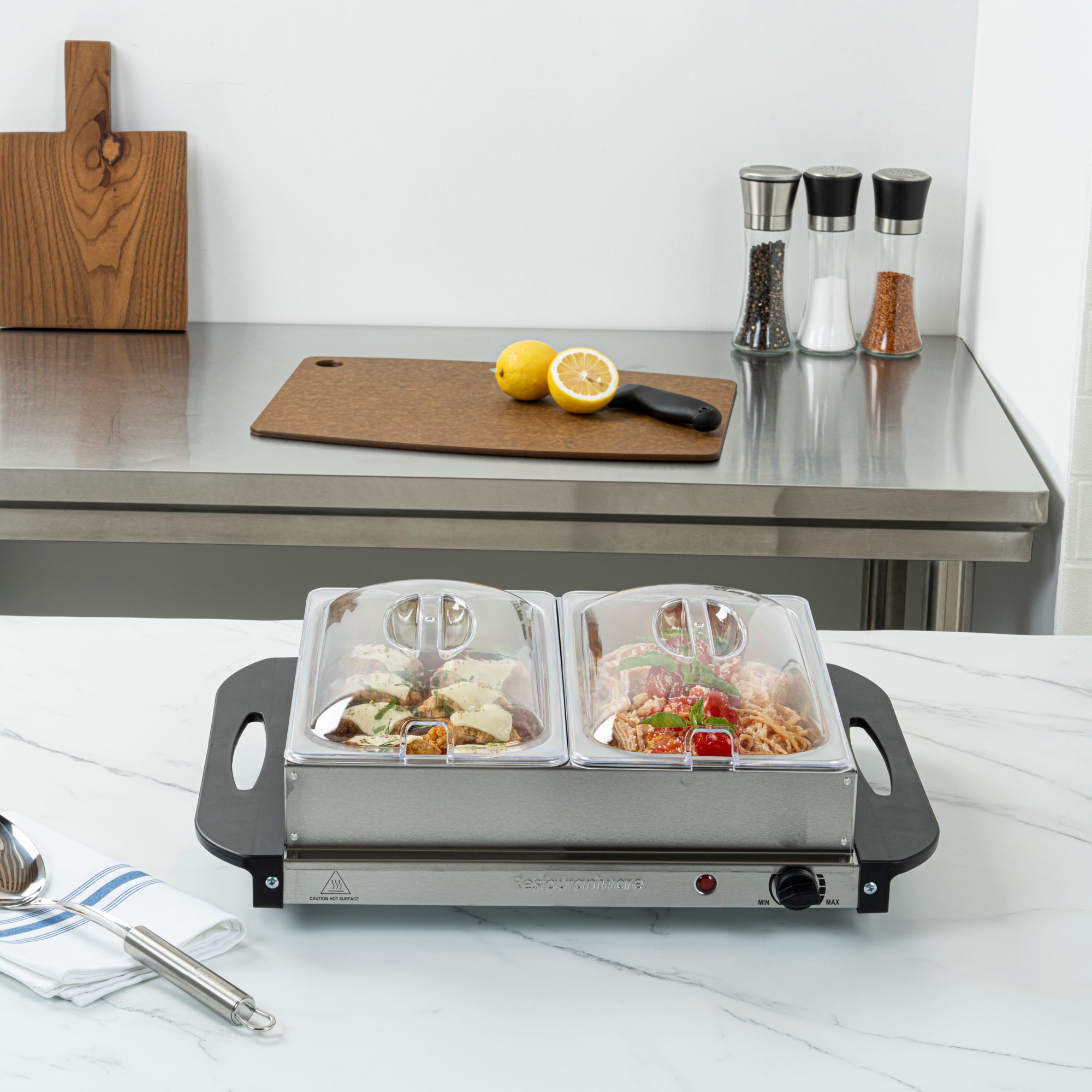 Kitchen Tek Stainless Steel Buffet Server and Food Warmer - 120V, with (2) 2.5 Qt Buffet Pans - 1 count box