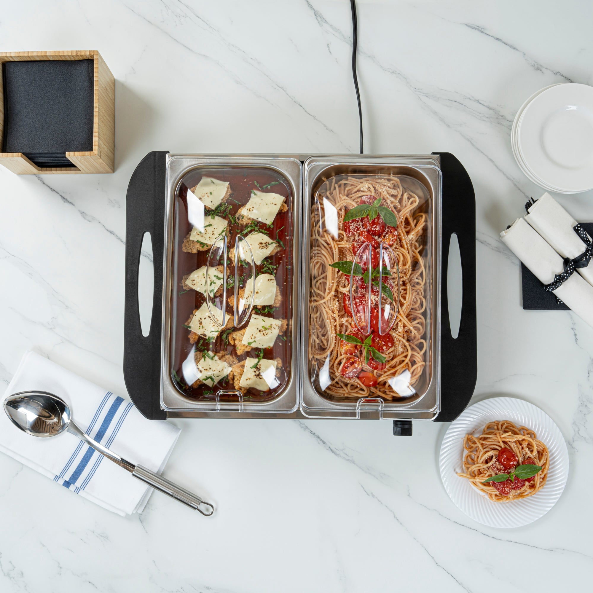 Kitchen Tek Stainless Steel Buffet Server and Food Warmer - 120V, with (2) 2.5 Qt Buffet Pans - 1 count box