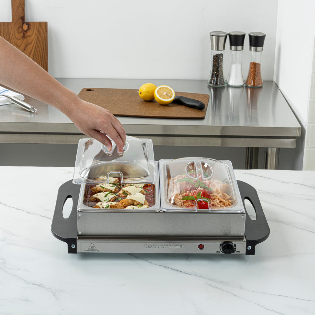 Kitchen Tek Stainless Steel Buffet Server and Food Warmer - 120V, with (2) 2.5 Qt Buffet Pans - 1 count box