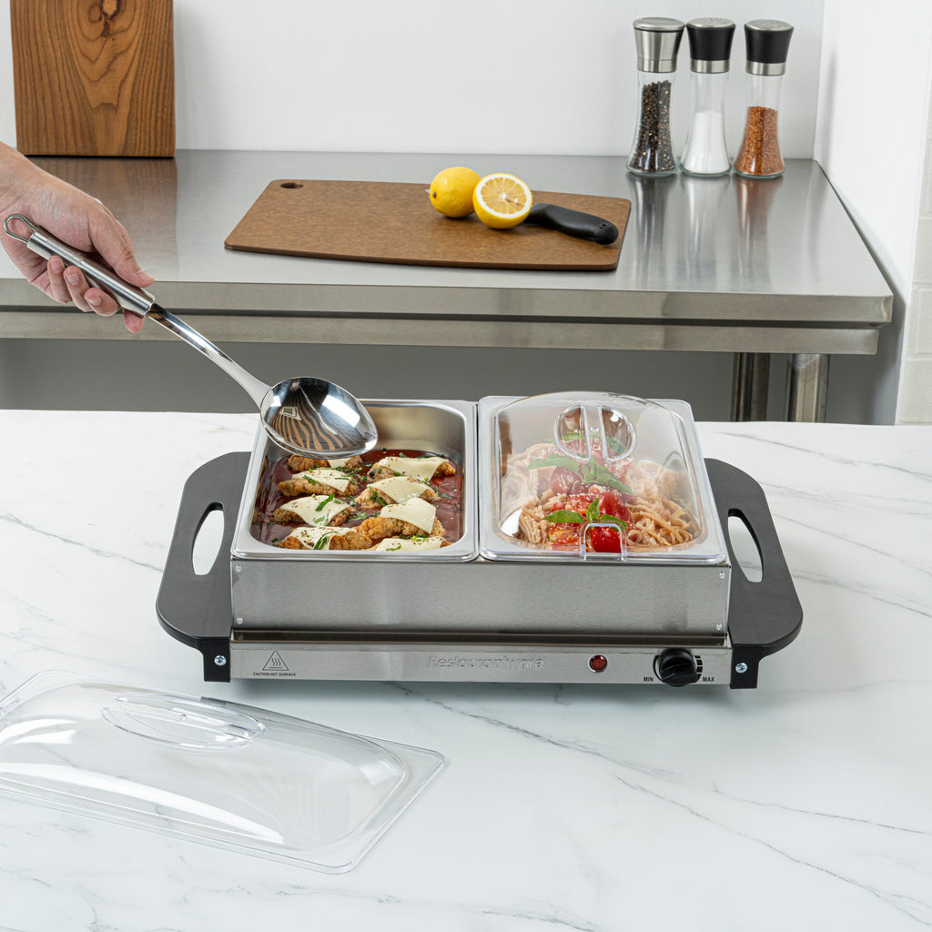 Kitchen Tek Stainless Steel Buffet Server and Food Warmer - 120V, with (2) 2.5 Qt Buffet Pans - 1 count box
