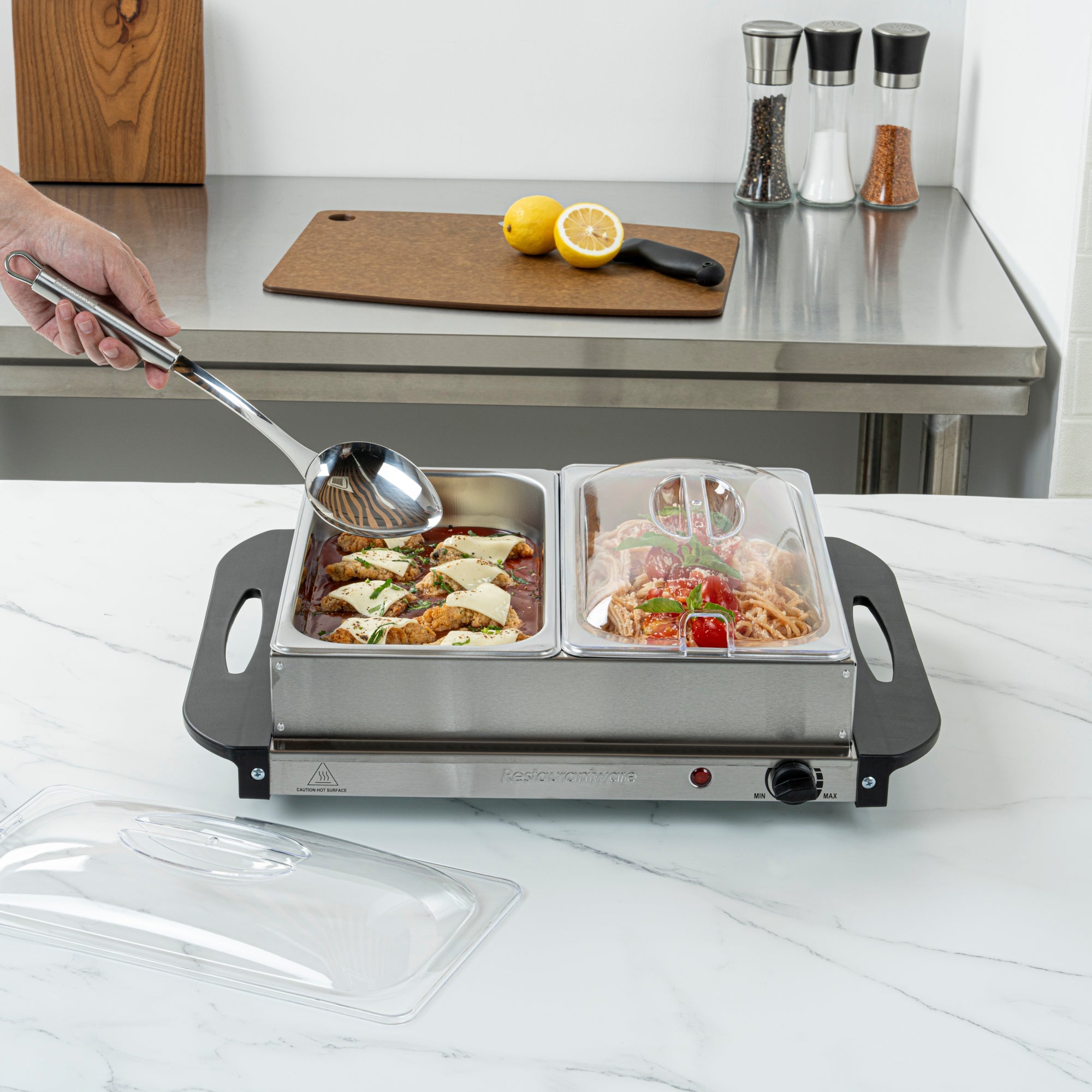 Kitchen Tek Stainless Steel Buffet Server and Food Warmer - 120V, with (2) 2.5 Qt Buffet Pans - 1 count box