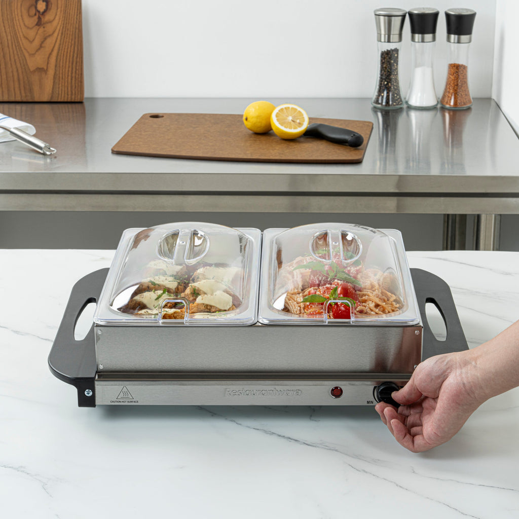 Kitchen Tek Stainless Steel Buffet Server and Food Warmer - 120V, with (2) 2.5 Qt Buffet Pans - 1 count box