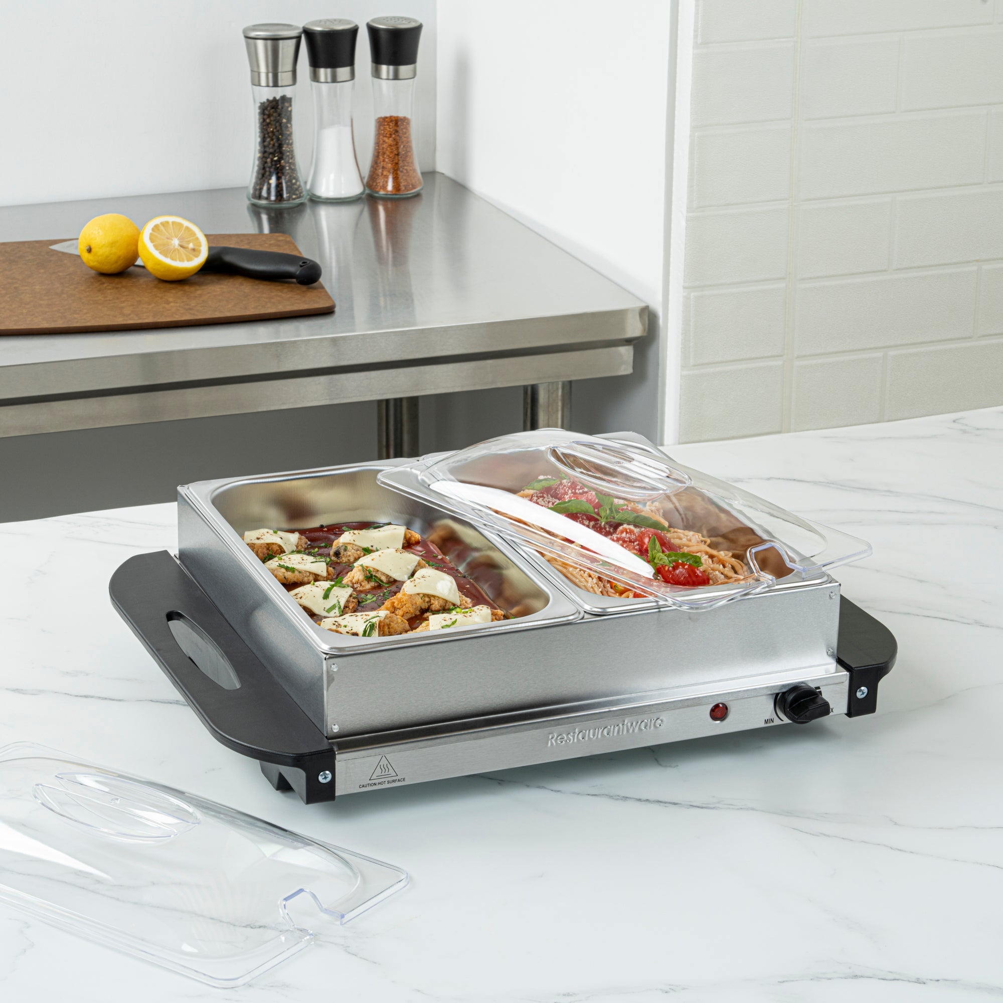 Kitchen Tek Stainless Steel Buffet Server and Food Warmer - 120V, with (2) 2.5 Qt Buffet Pans - 1 count box