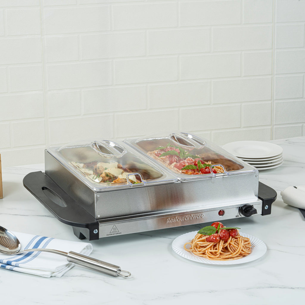 Kitchen Tek Stainless Steel Buffet Server and Food Warmer - 120V, with (2) 2.5 Qt Buffet Pans - 1 count box