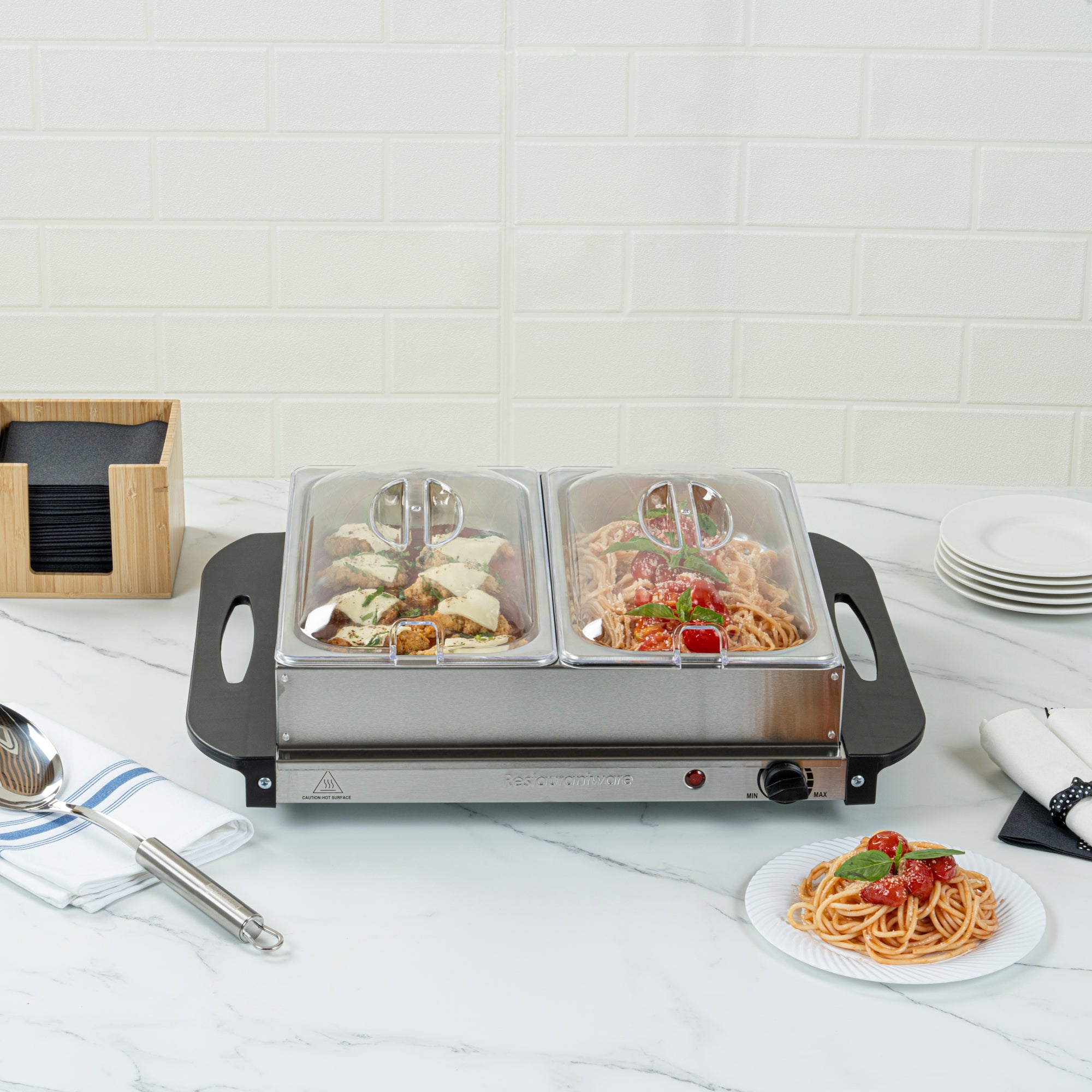 Kitchen Tek Stainless Steel Buffet Server and Food Warmer - 120V, with (2) 2.5 Qt Buffet Pans - 1 count box