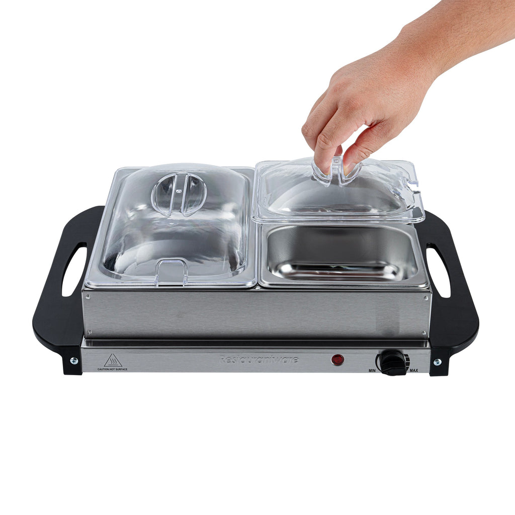 Kitchen Tek Stainless Steel Buffet Server and Food Warmer - 120V, with (2) 1 Qt and (1) 2.5 Qt Buffet Pans - 1 count box