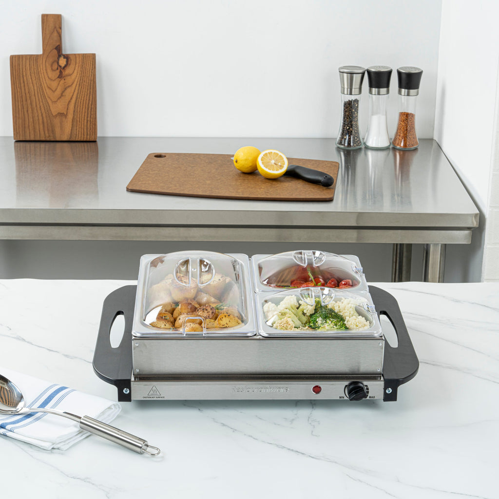 Kitchen Tek Stainless Steel Buffet Server and Food Warmer - 120V, with (2) 1 Qt and (1) 2.5 Qt Buffet Pans - 1 count box