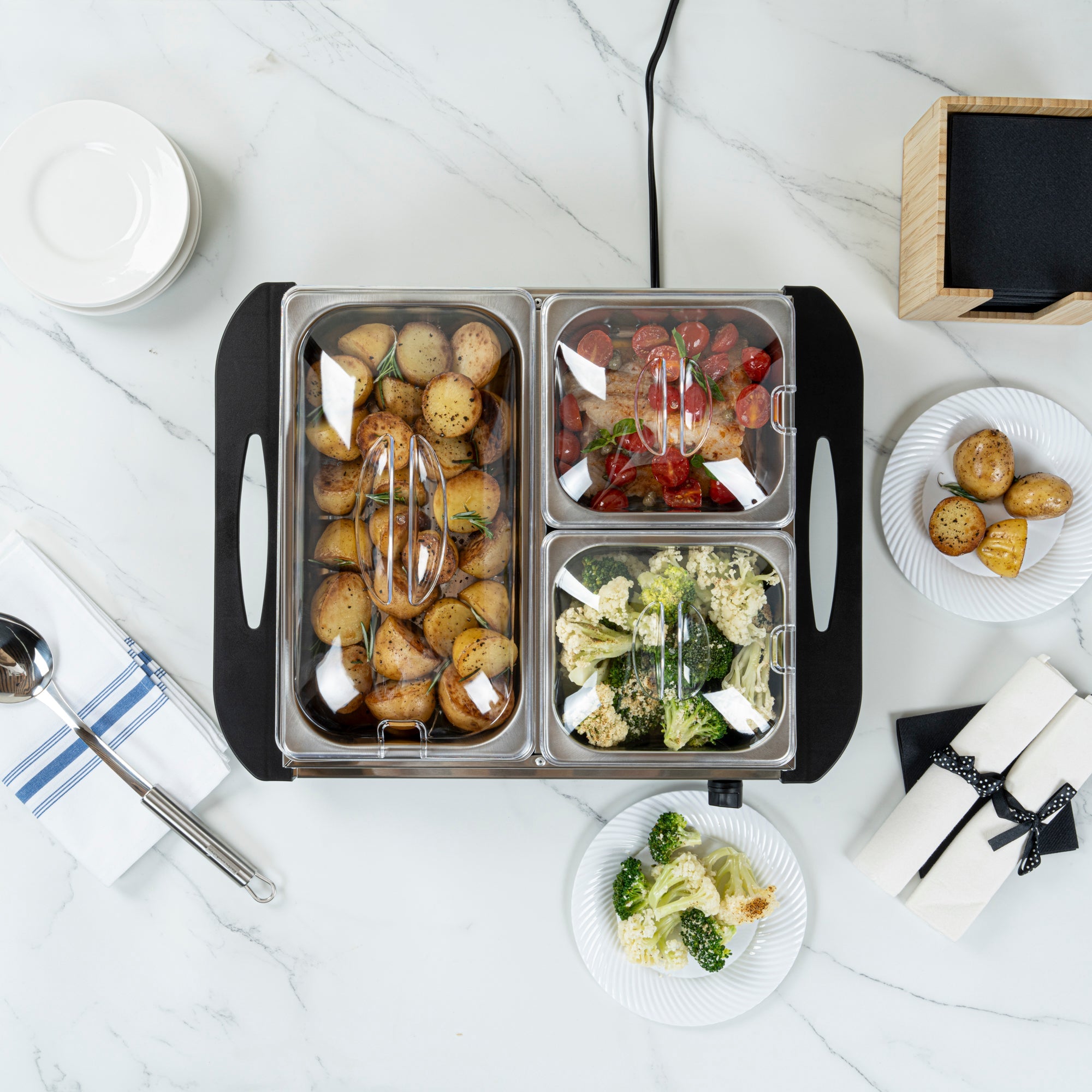 Kitchen Tek Stainless Steel Buffet Server and Food Warmer - 120V, with (2) 1 Qt and (1) 2.5 Qt Buffet Pans - 1 count box