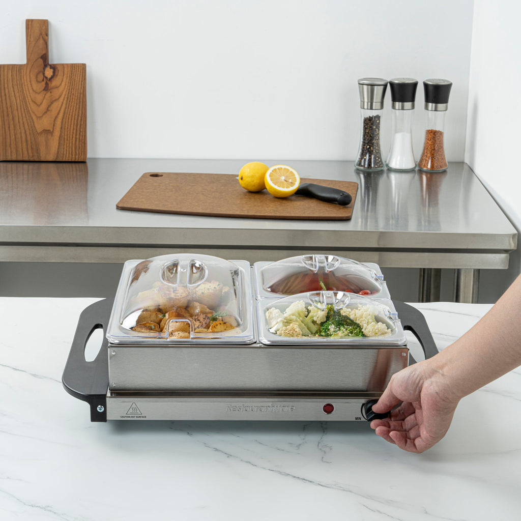 Kitchen Tek Stainless Steel Buffet Server and Food Warmer - 120V, with (2) 1 Qt and (1) 2.5 Qt Buffet Pans - 1 count box