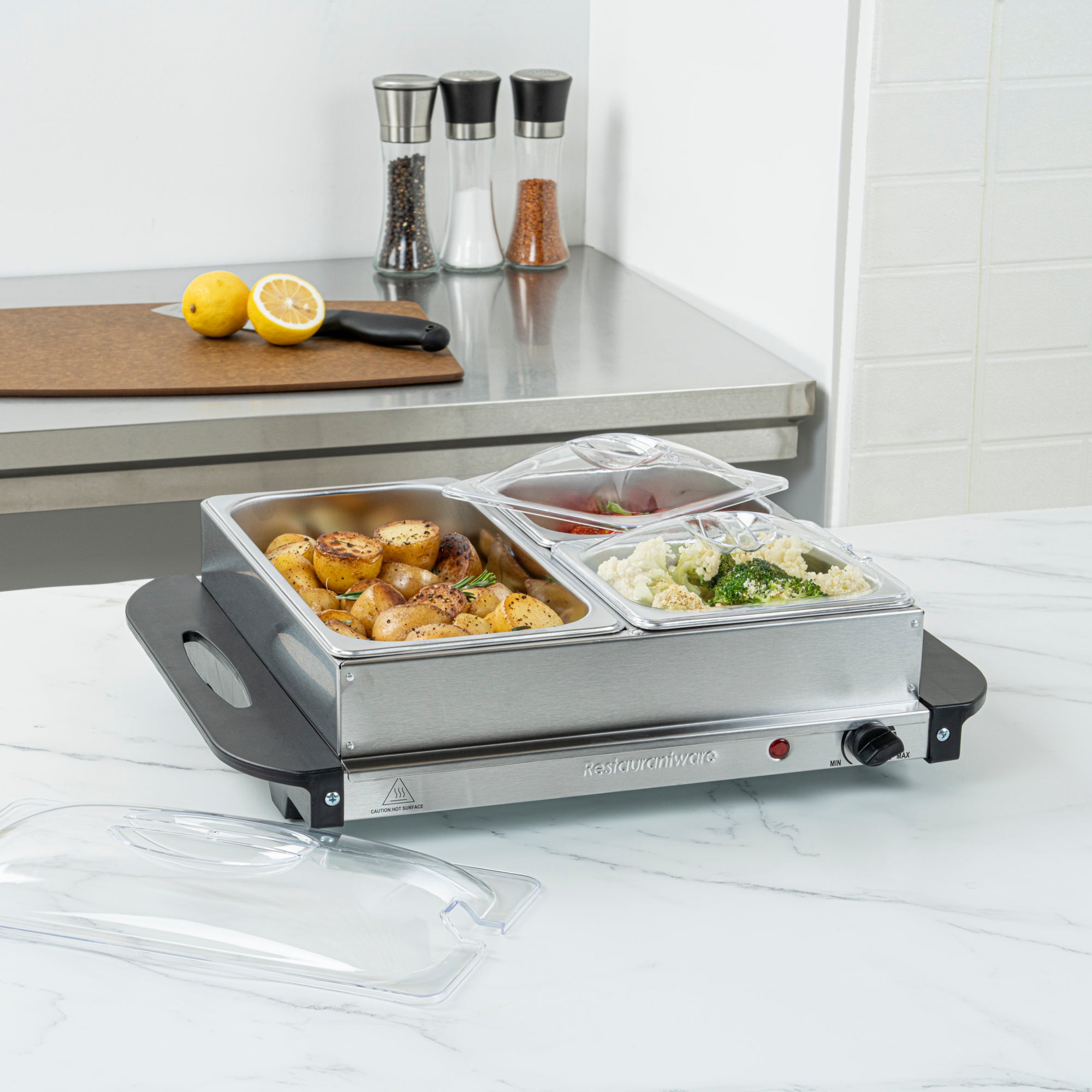 Kitchen Tek Stainless Steel Buffet Server and Food Warmer - 120V, with (2) 1 Qt and (1) 2.5 Qt Buffet Pans - 1 count box