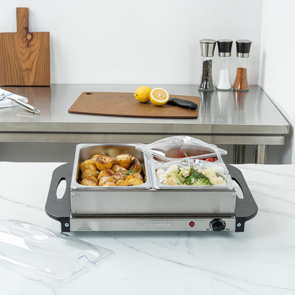 Kitchen Tek Stainless Steel Buffet Server and Food Warmer - 120V, with (2) 1 Qt and (1) 2.5 Qt Buffet Pans - 1 count box