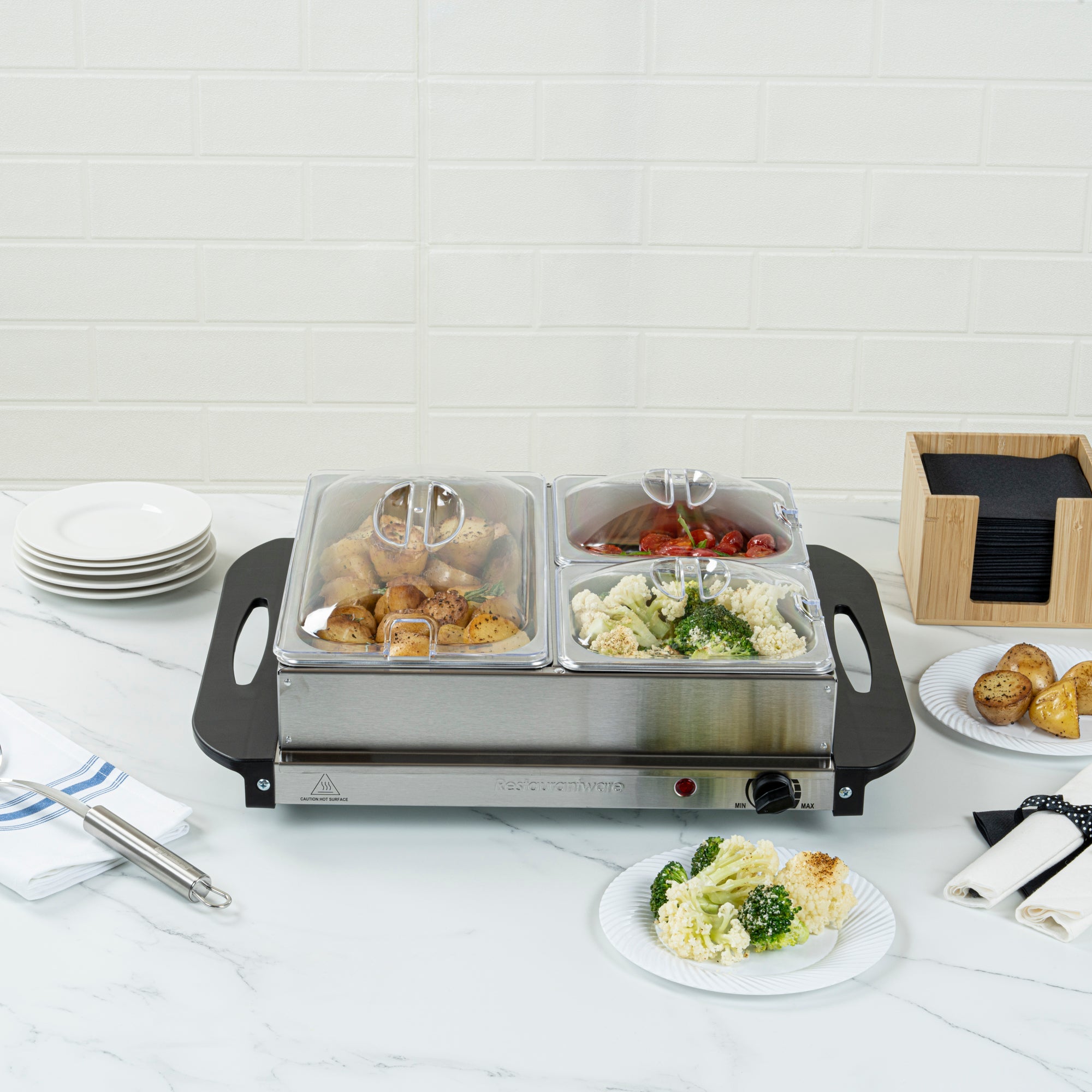 Kitchen Tek Stainless Steel Buffet Server and Food Warmer - 120V, with (2) 1 Qt and (1) 2.5 Qt Buffet Pans - 1 count box