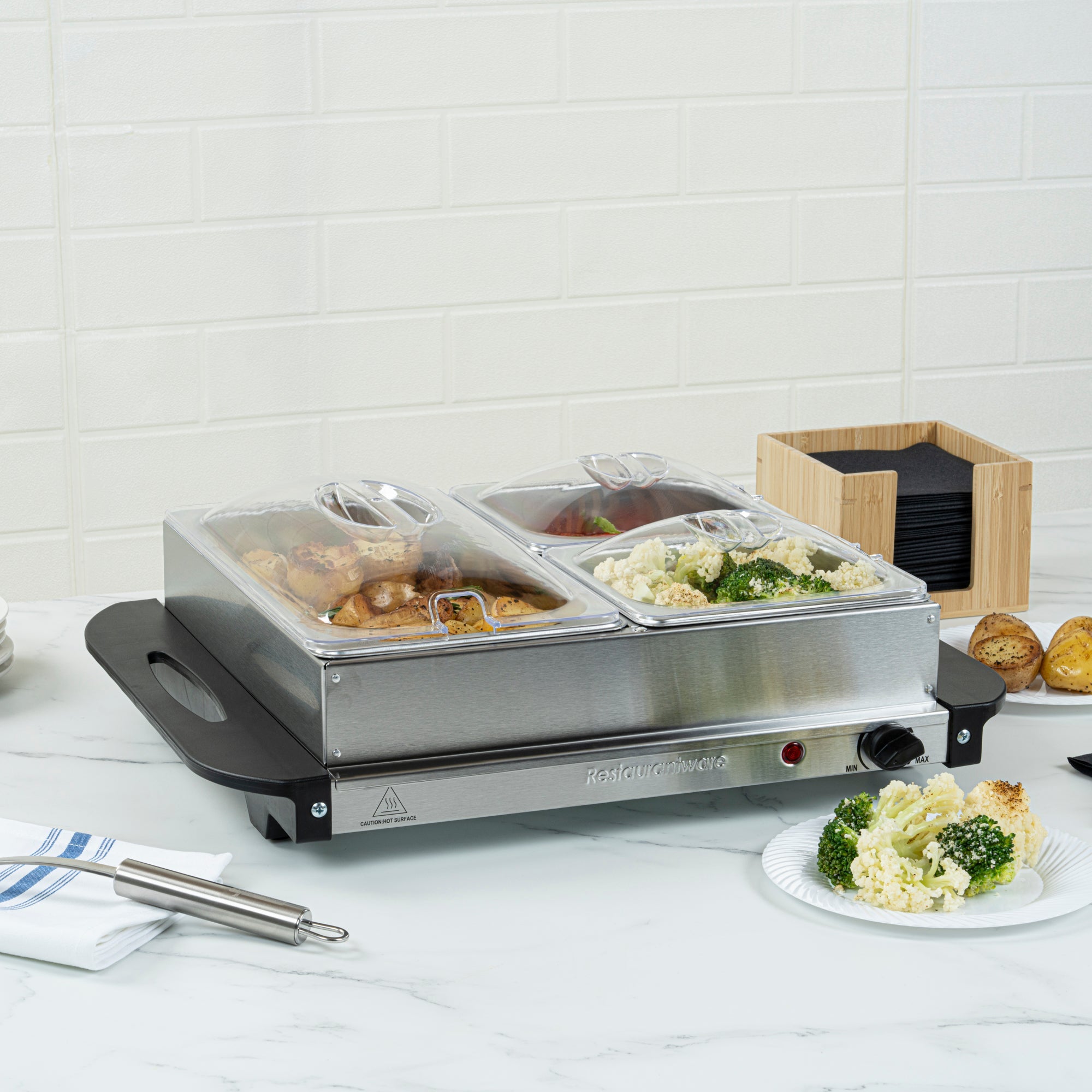 Kitchen Tek Stainless Steel Buffet Server and Food Warmer - 120V, with (2) 1 Qt and (1) 2.5 Qt Buffet Pans - 1 count box