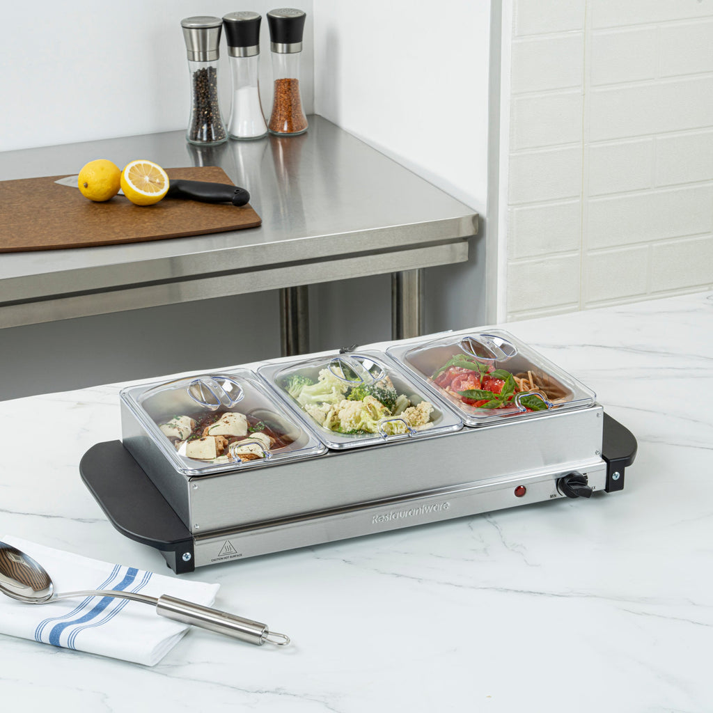 Kitchen Tek Stainless Steel Buffet Server and Food Warmer - 120V, with (3) 1.5 Qt Buffet Pans - 1 count box