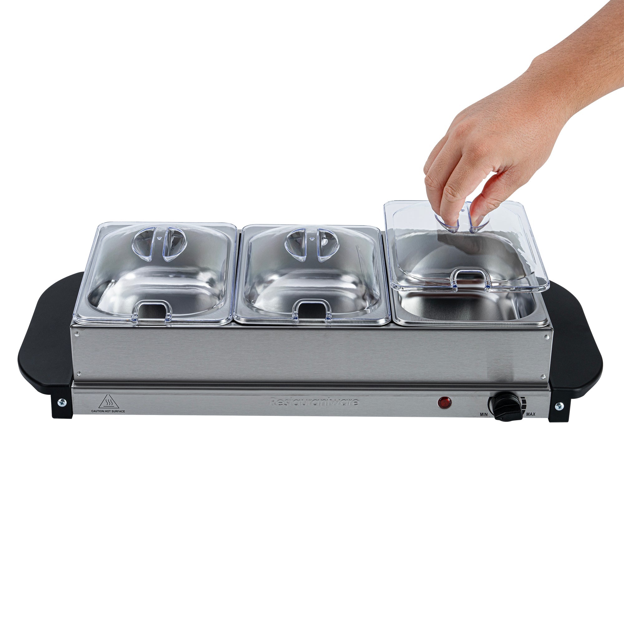 Kitchen Tek Stainless Steel Buffet Server and Food Warmer - 120V, with (3) 1.5 Qt Buffet Pans - 1 count box