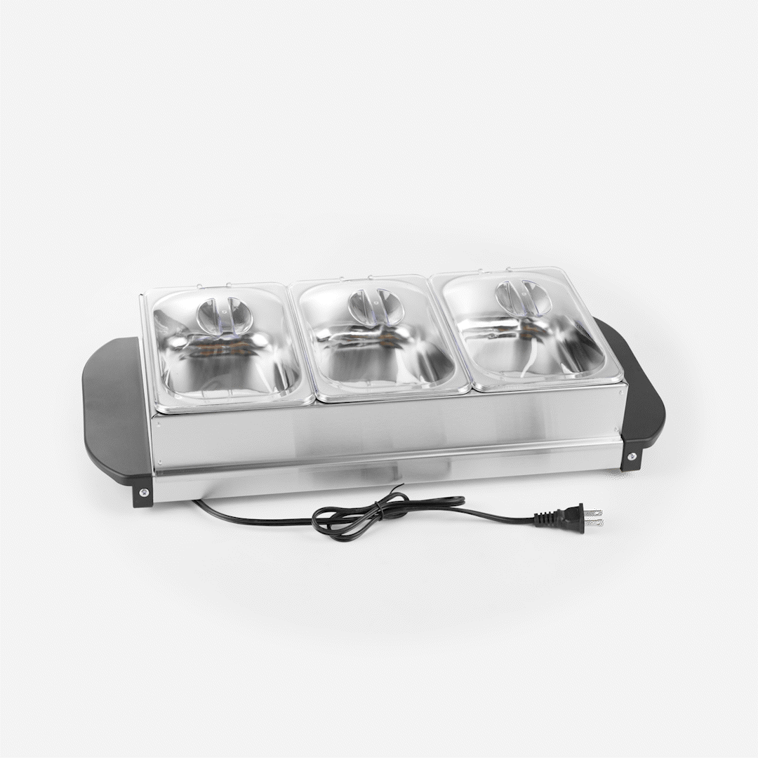 Kitchen Tek Stainless Steel Buffet Server and Food Warmer - 120V, with (3) 1.5 Qt Buffet Pans - 1 count box