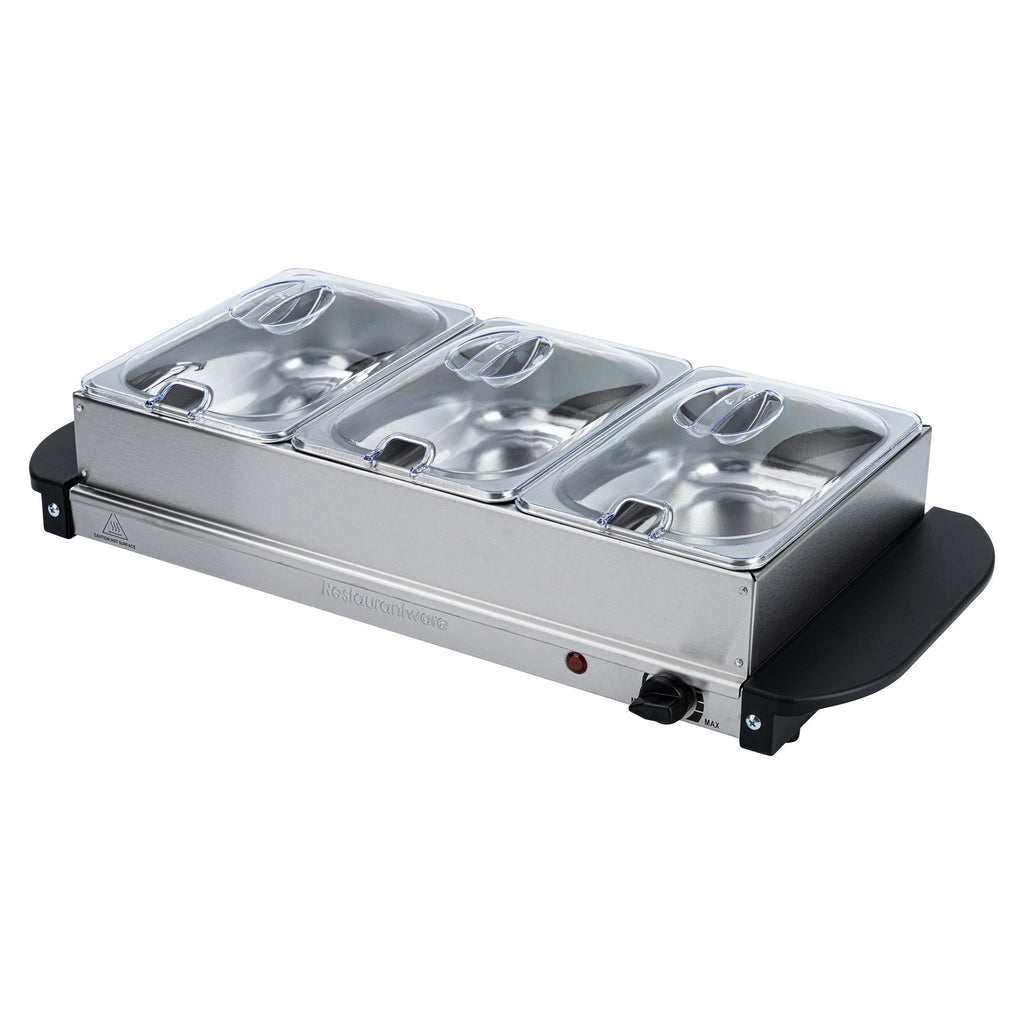 Kitchen Tek Stainless Steel Buffet Server and Food Warmer - 120V, with (3) 1.5 Qt Buffet Pans - 1 count box