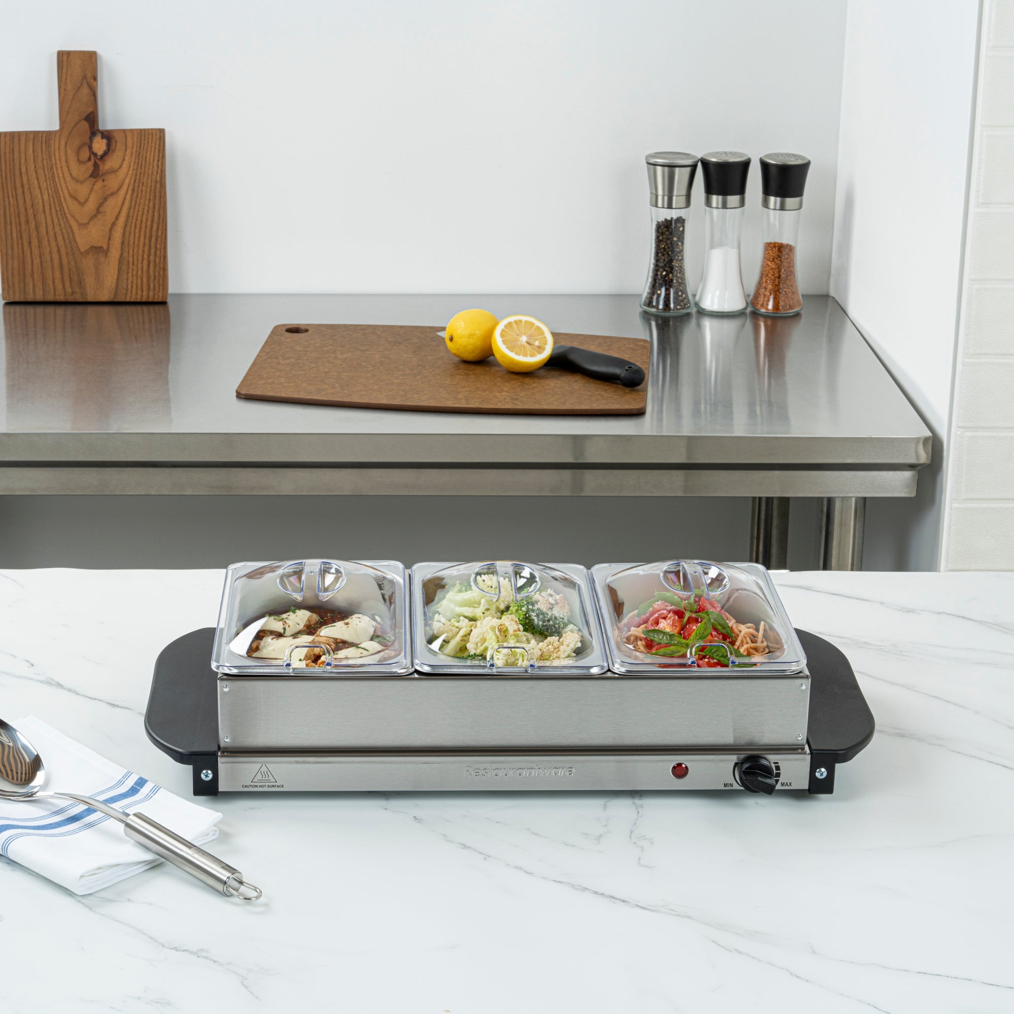 Kitchen Tek Stainless Steel Buffet Server and Food Warmer - 120V, with (3) 1.5 Qt Buffet Pans - 1 count box