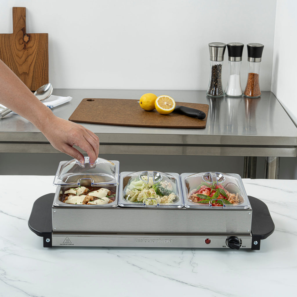 Kitchen Tek Stainless Steel Buffet Server and Food Warmer - 120V, with (3) 1.5 Qt Buffet Pans - 1 count box