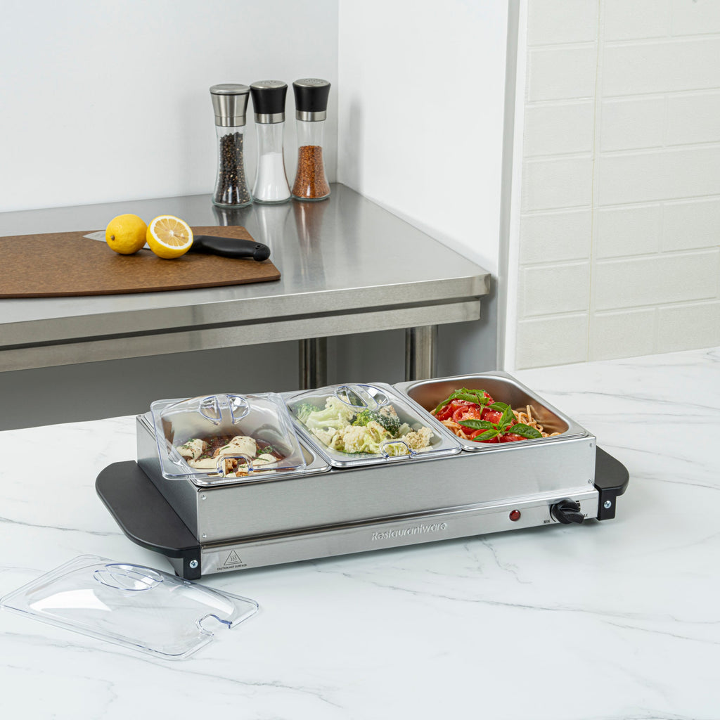 Kitchen Tek Stainless Steel Buffet Server and Food Warmer - 120V, with (3) 1.5 Qt Buffet Pans - 1 count box
