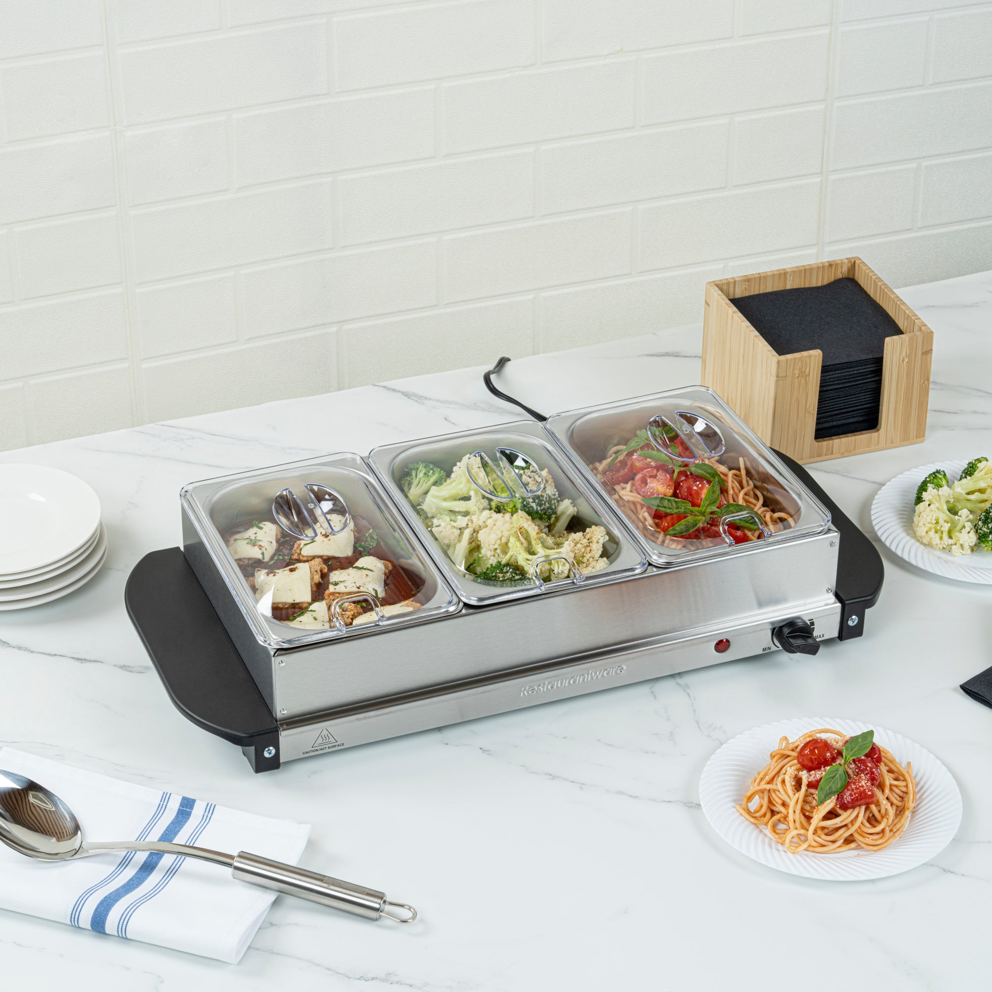 Kitchen Tek Stainless Steel Buffet Server and Food Warmer - 120V, with (3) 1.5 Qt Buffet Pans - 1 count box