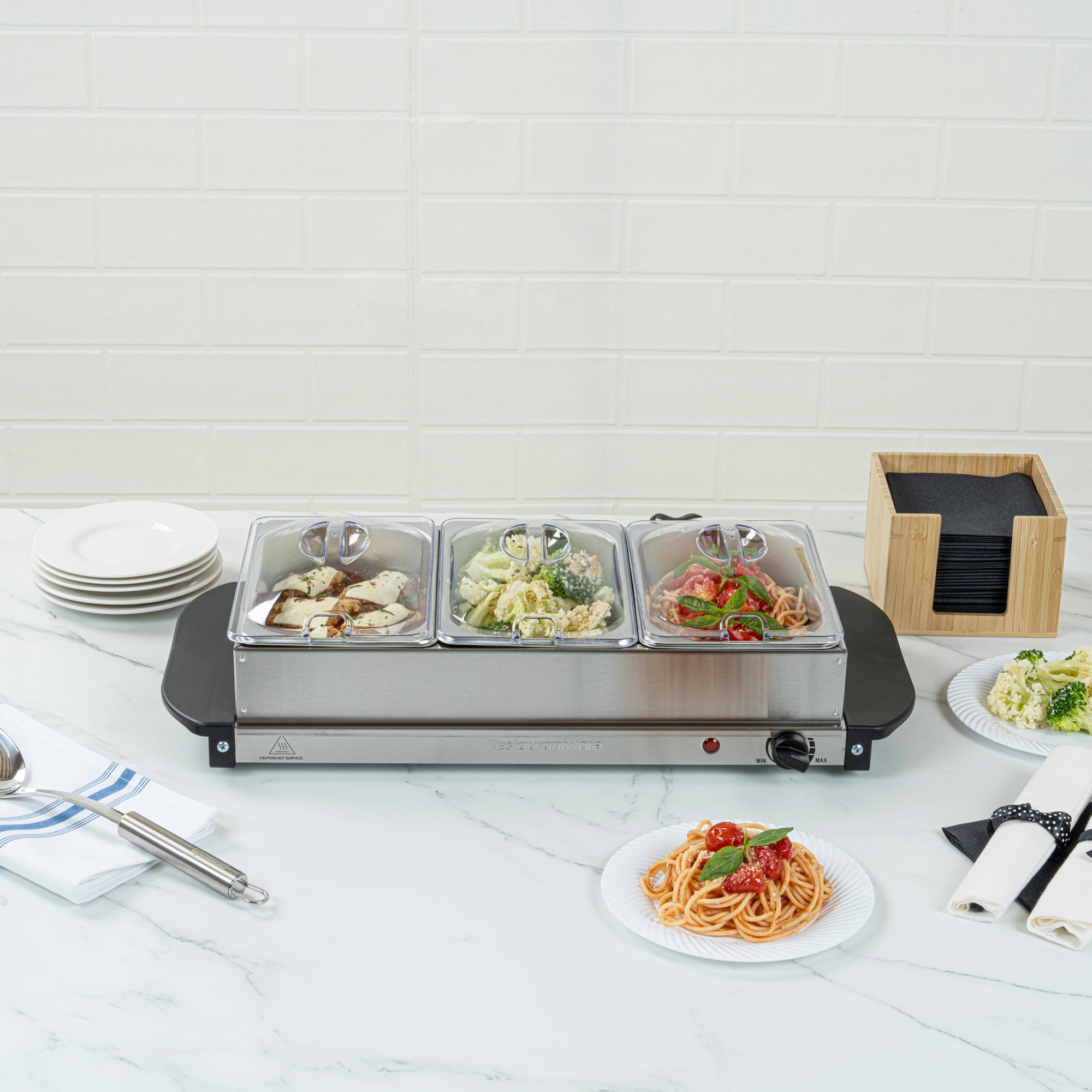 Kitchen Tek Stainless Steel Buffet Server and Food Warmer - 120V, with (3) 1.5 Qt Buffet Pans - 1 count box