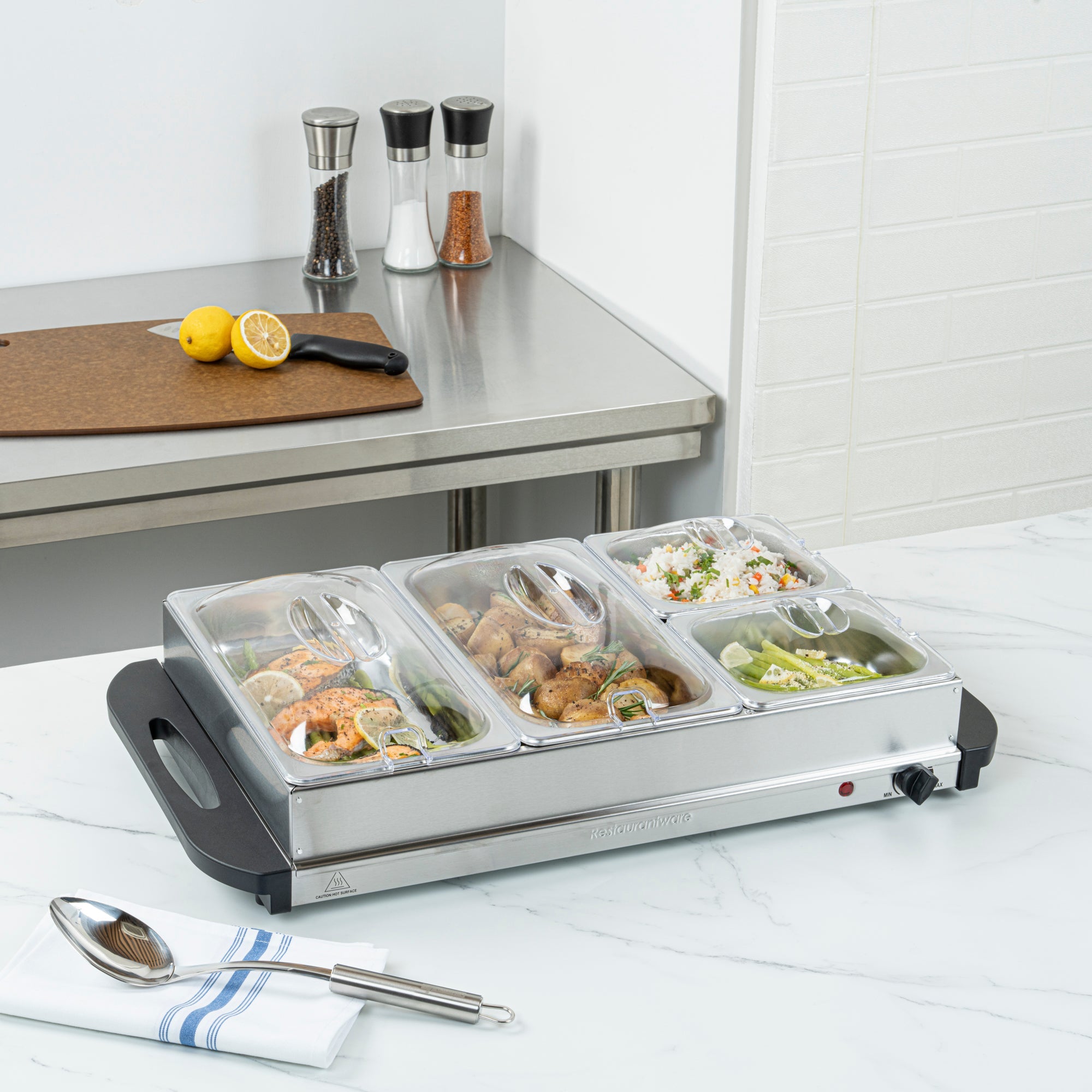 Kitchen Tek Stainless Steel Buffet Server and Food Warmer - 120V, with (2) 1 Qt and (2) 2.5 Qt Buffet Pans - 1 count box