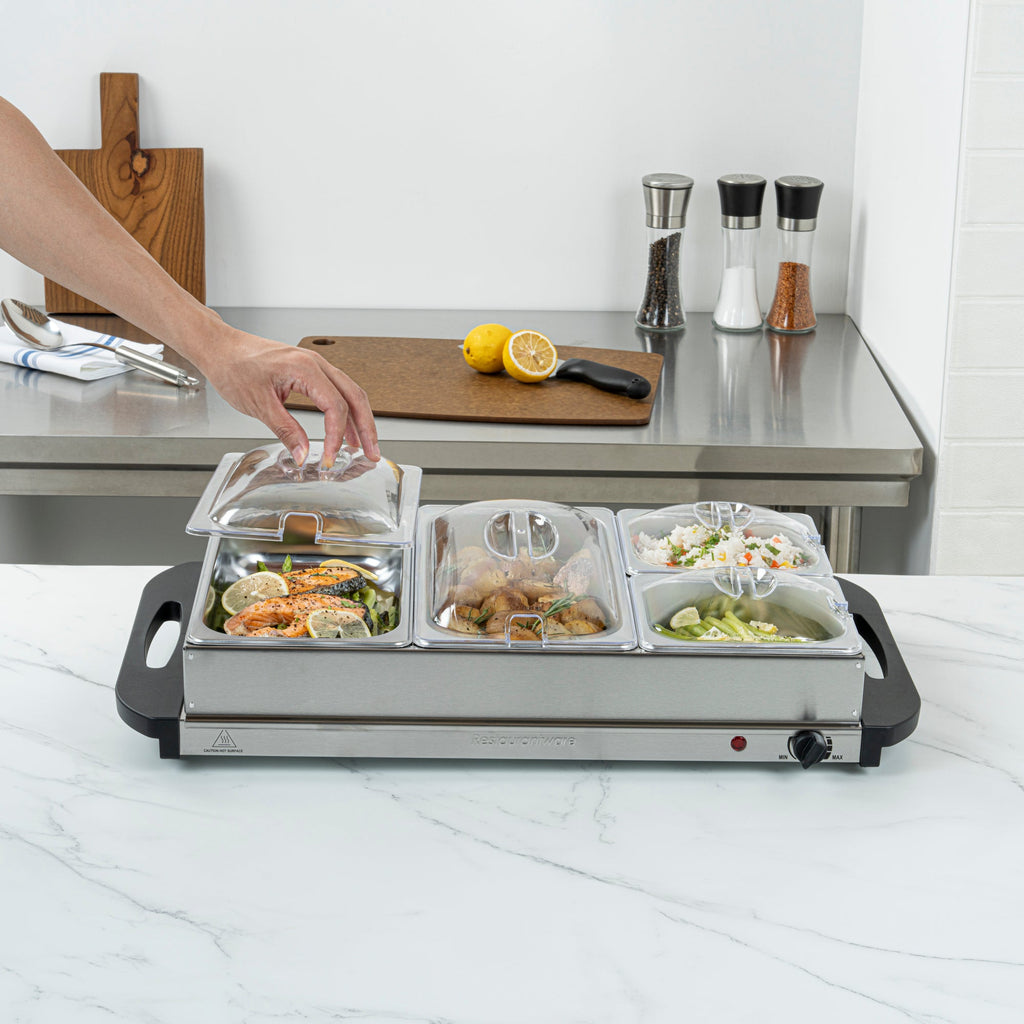 Kitchen Tek Stainless Steel Buffet Server and Food Warmer - 120V, with (2) 1 Qt and (2) 2.5 Qt Buffet Pans - 1 count box