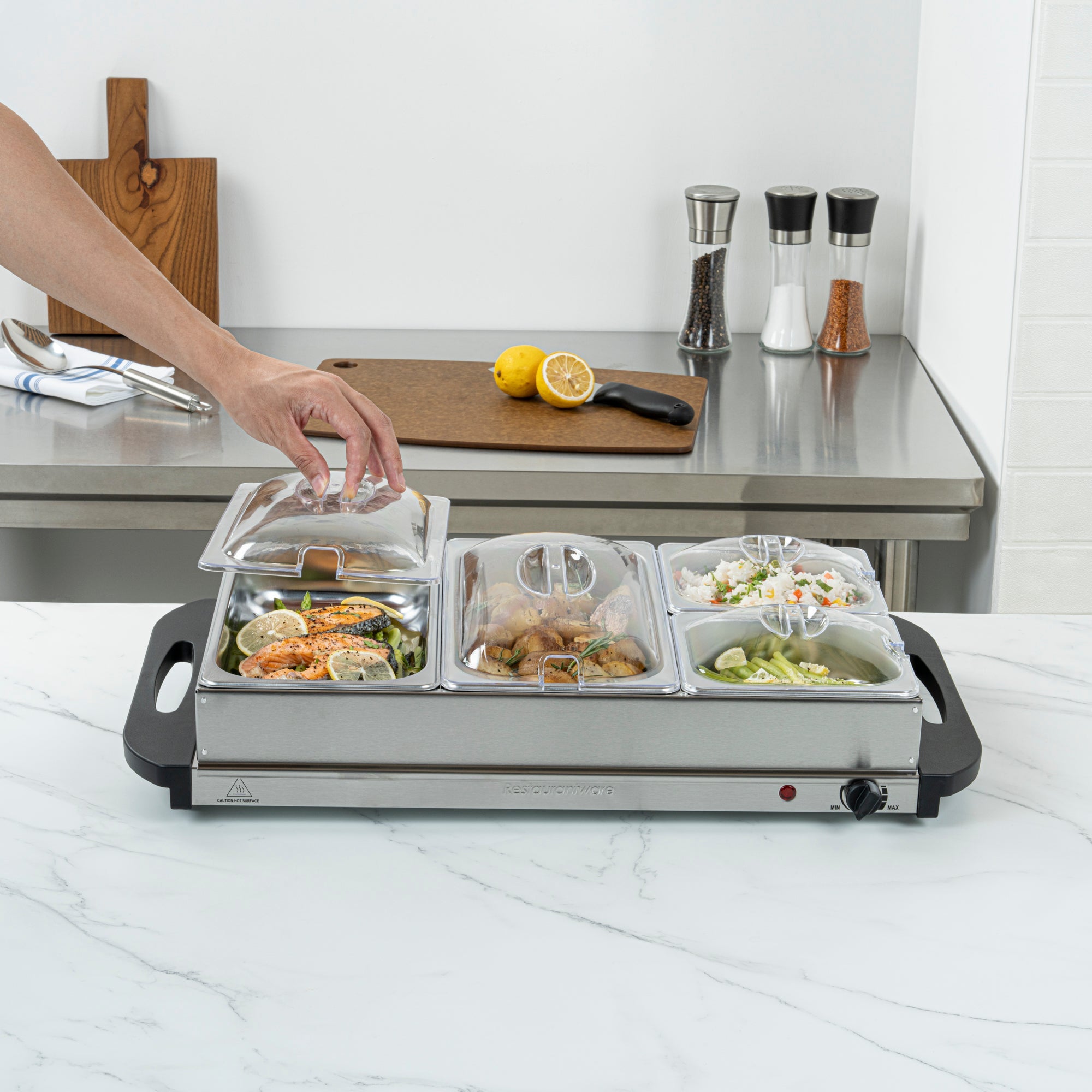 Kitchen Tek Stainless Steel Buffet Server and Food Warmer - 120V, with (2) 1 Qt and (2) 2.5 Qt Buffet Pans - 1 count box