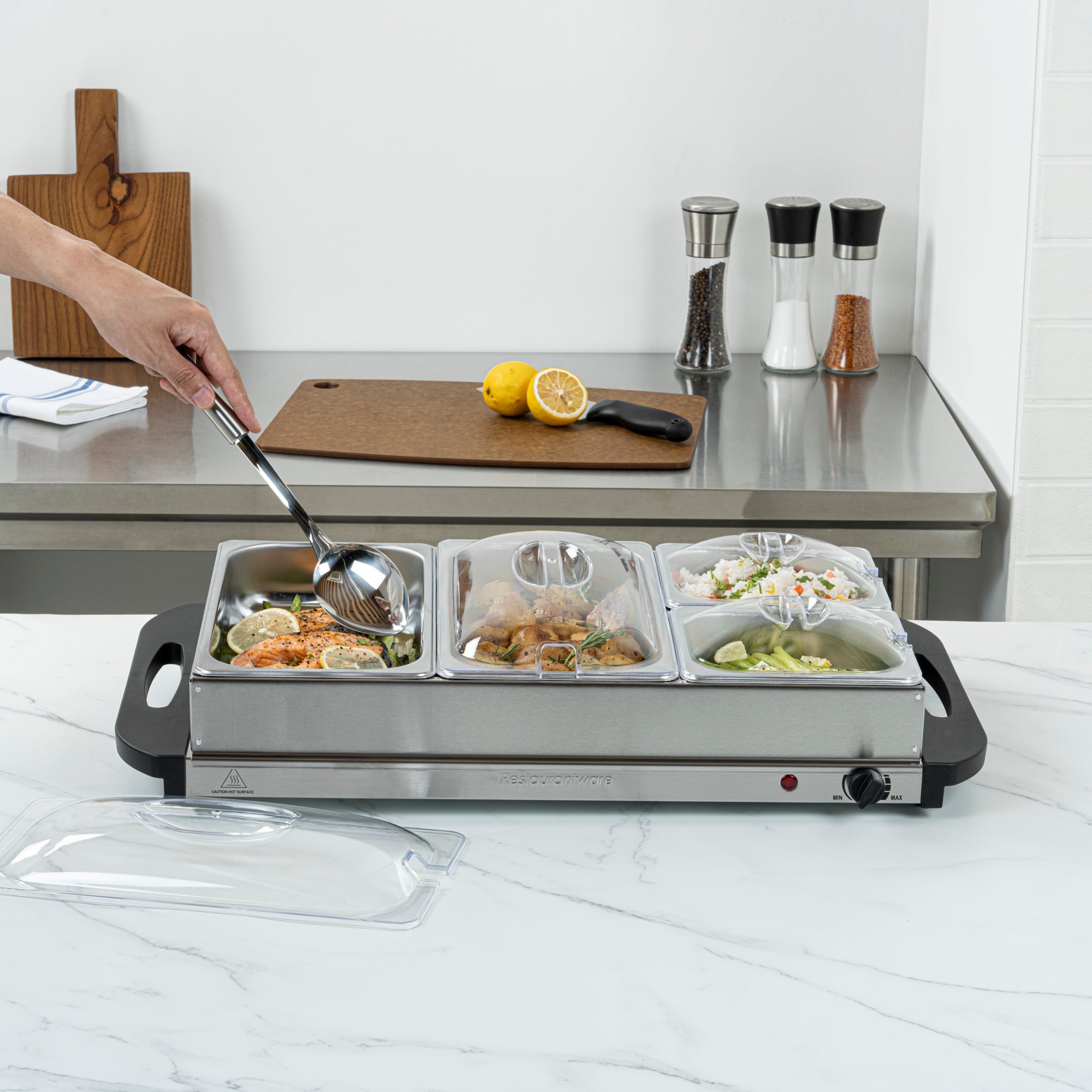 Kitchen Tek Stainless Steel Buffet Server and Food Warmer - 120V, with (2) 1 Qt and (2) 2.5 Qt Buffet Pans - 1 count box